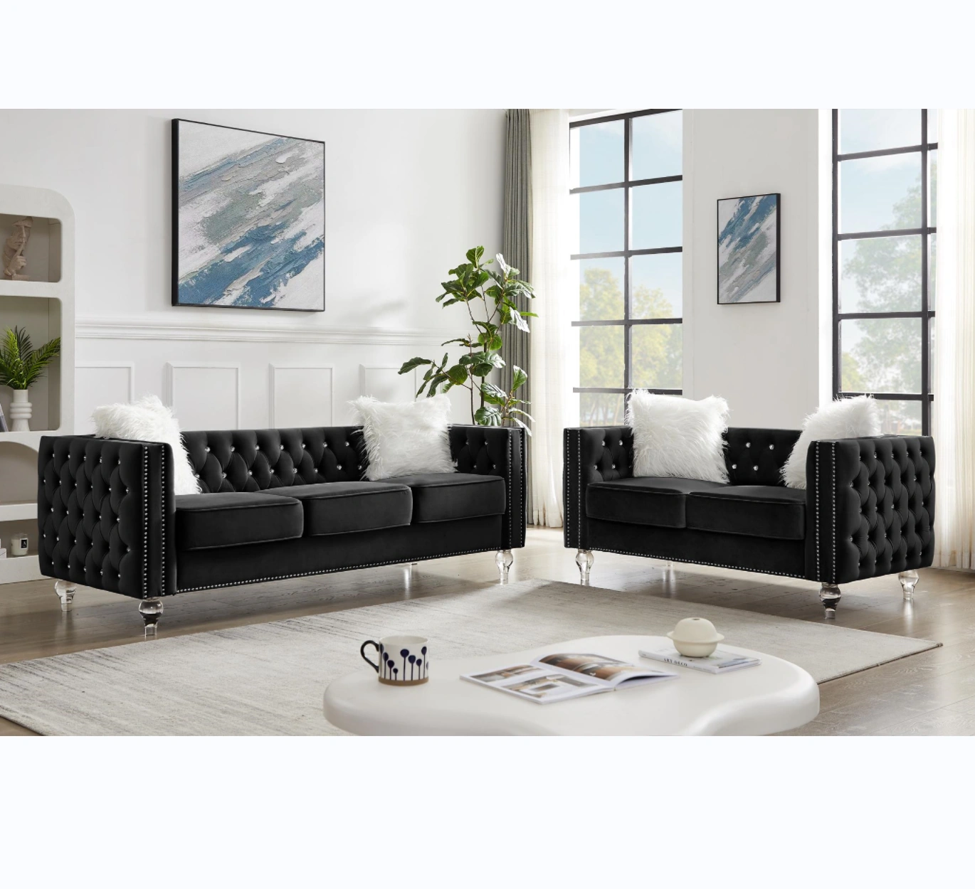 Black 2+3 Seat Sofa Set, Velvet Crystal Buckle Upholstery Couch with Crystal Legs, Removable Cushion & 4 Plush Pillows, Free Storage Stool
