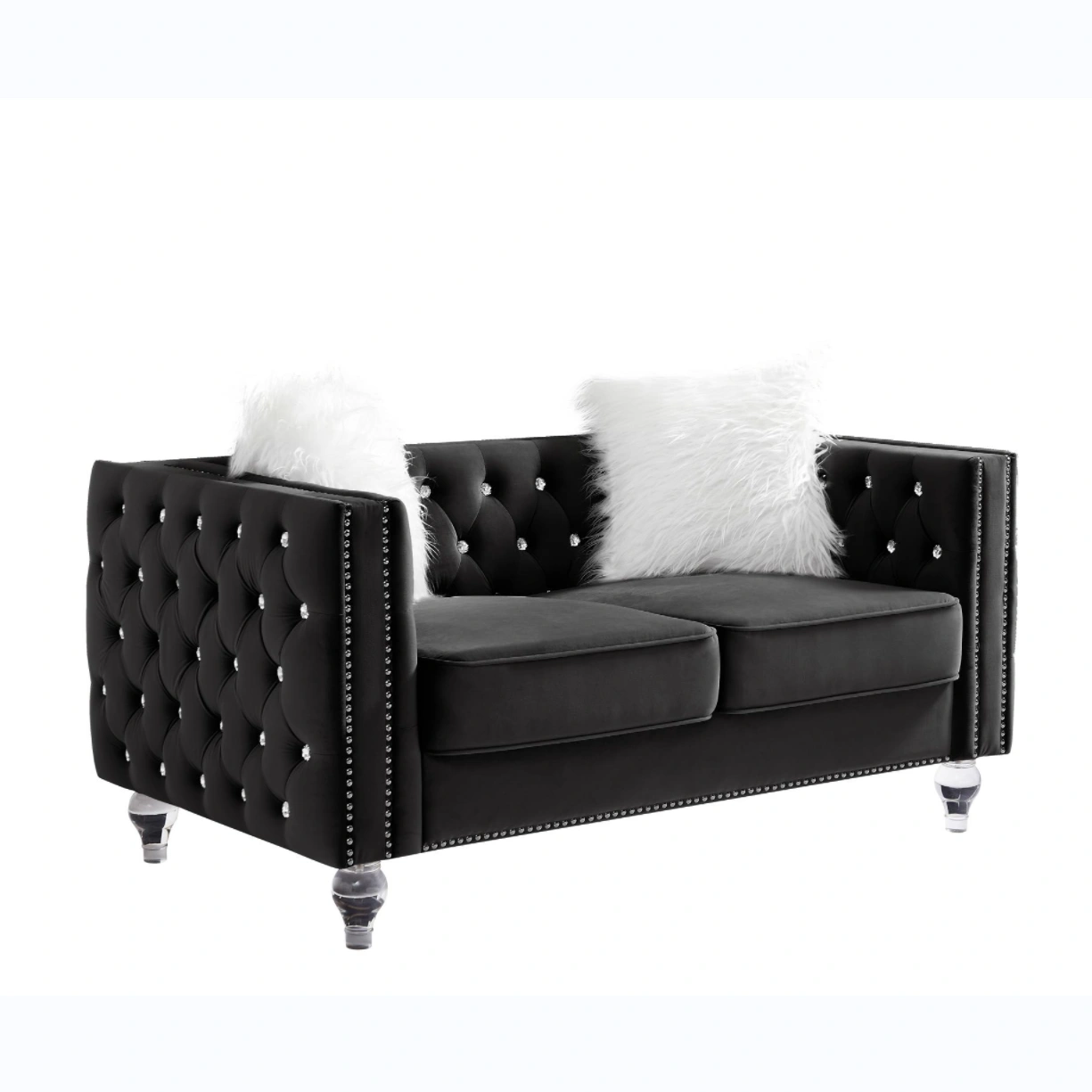 Black 2+3 Seat Sofa Set, Velvet Crystal Buckle Upholstery Couch with Crystal Legs, Removable Cushion & 4 Plush Pillows, Free Storage Stool view 11