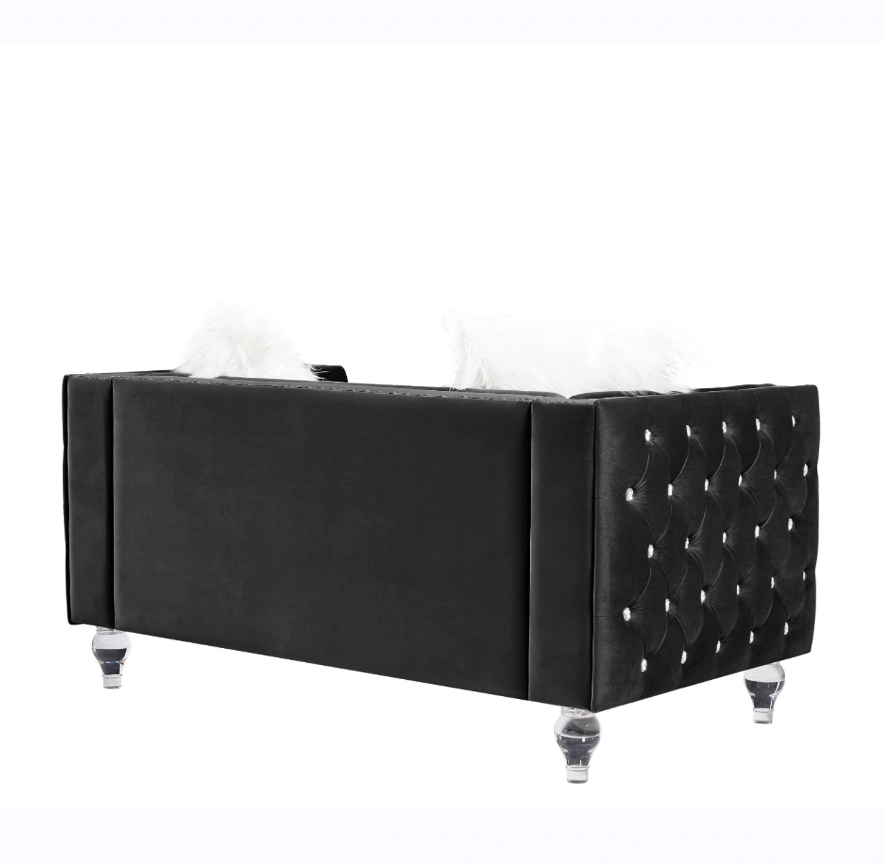 Black 2+3 Seat Sofa Set, Velvet Crystal Buckle Upholstery Couch with Crystal Legs, Removable Cushion & 4 Plush Pillows, Free Storage Stool view 12