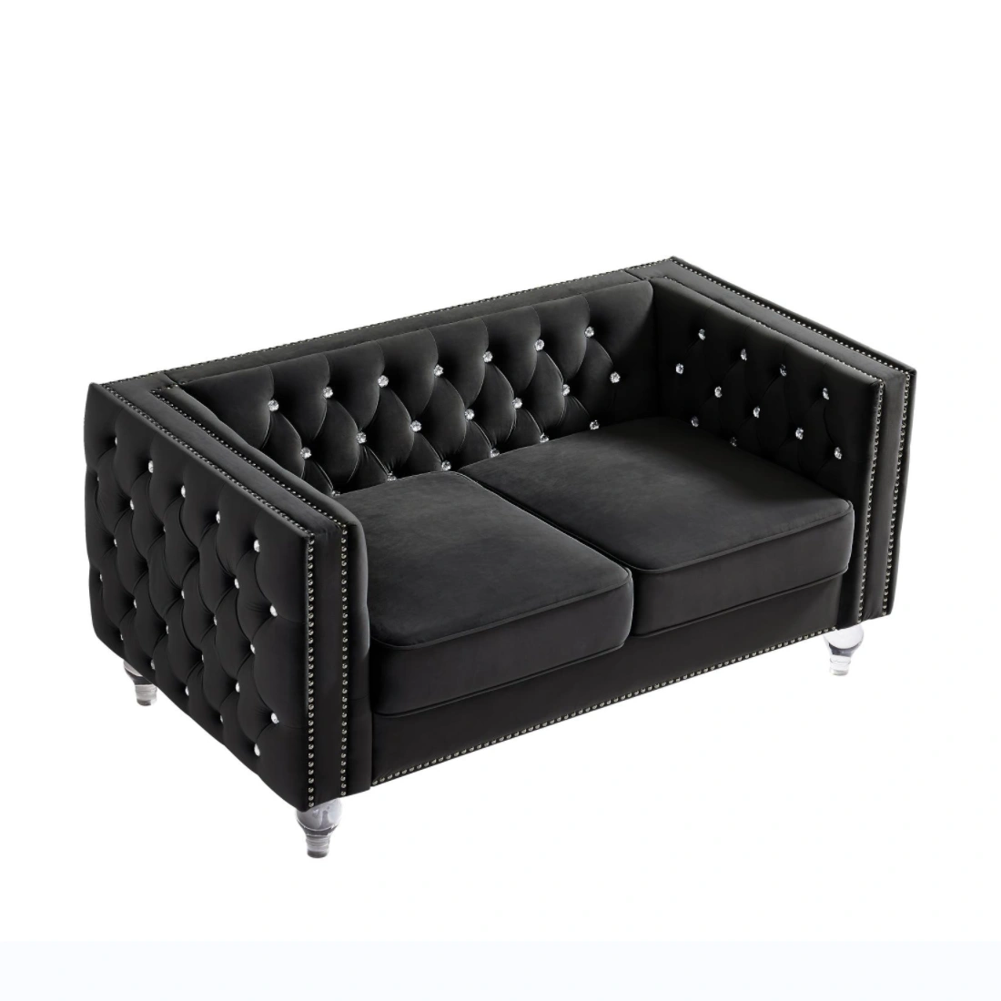 Black 2+3 Seat Sofa Set, Velvet Crystal Buckle Upholstery Couch with Crystal Legs, Removable Cushion & 4 Plush Pillows, Free Storage Stool view 13