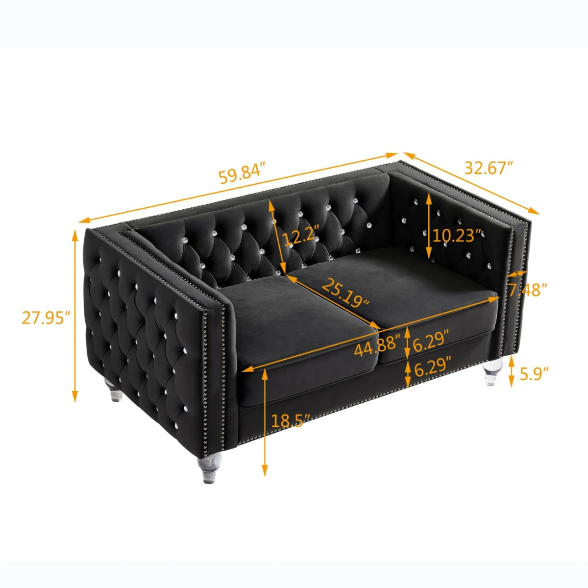 Black 2+3 Seat Sofa Set, Velvet Crystal Buckle Upholstery Couch with Crystal Legs, Removable Cushion & 4 Plush Pillows, Free Storage Stool view 14