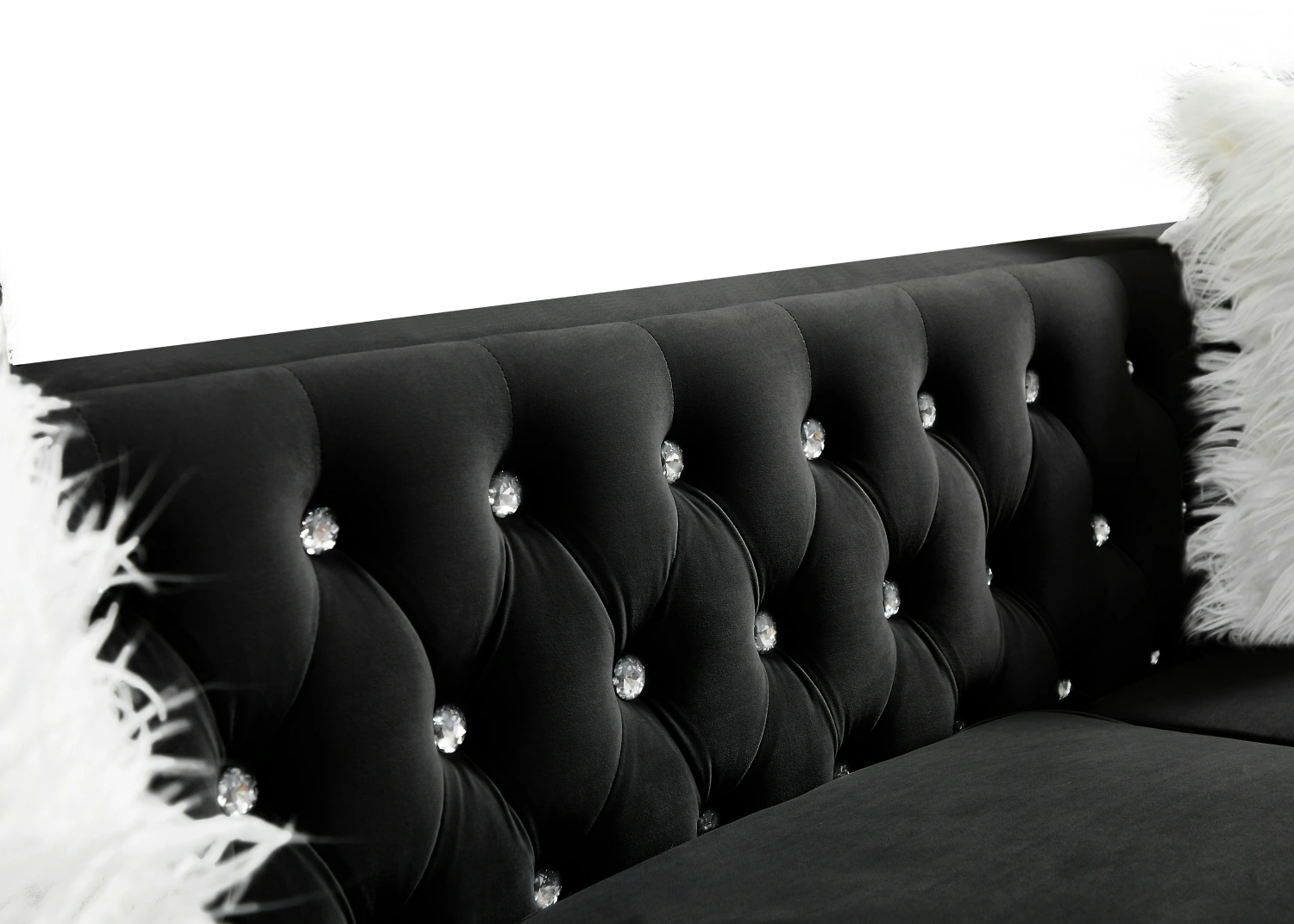 Black 2+3 Seat Sofa Set, Velvet Crystal Buckle Upholstery Couch with Crystal Legs, Removable Cushion & 4 Plush Pillows, Free Storage Stool view 19