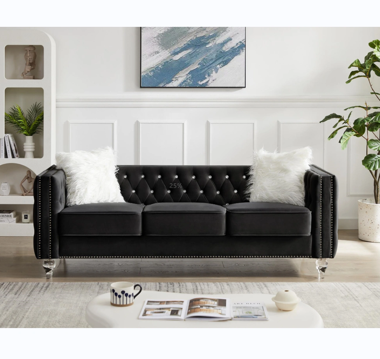 Black 2+3 Seat Sofa Set, Velvet Crystal Buckle Upholstery Couch with Crystal Legs, Removable Cushion & 4 Plush Pillows, Free Storage Stool view 2