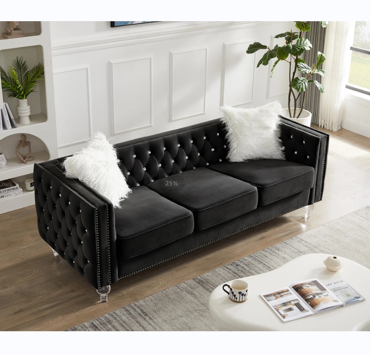 Black 2+3 Seat Sofa Set, Velvet Crystal Buckle Upholstery Couch with Crystal Legs, Removable Cushion & 4 Plush Pillows, Free Storage Stool view 3