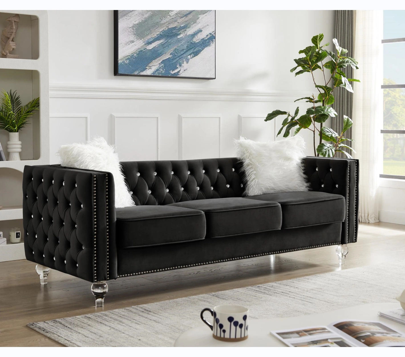 Black 2+3 Seat Sofa Set, Velvet Crystal Buckle Upholstery Couch with Crystal Legs, Removable Cushion & 4 Plush Pillows, Free Storage Stool view 4