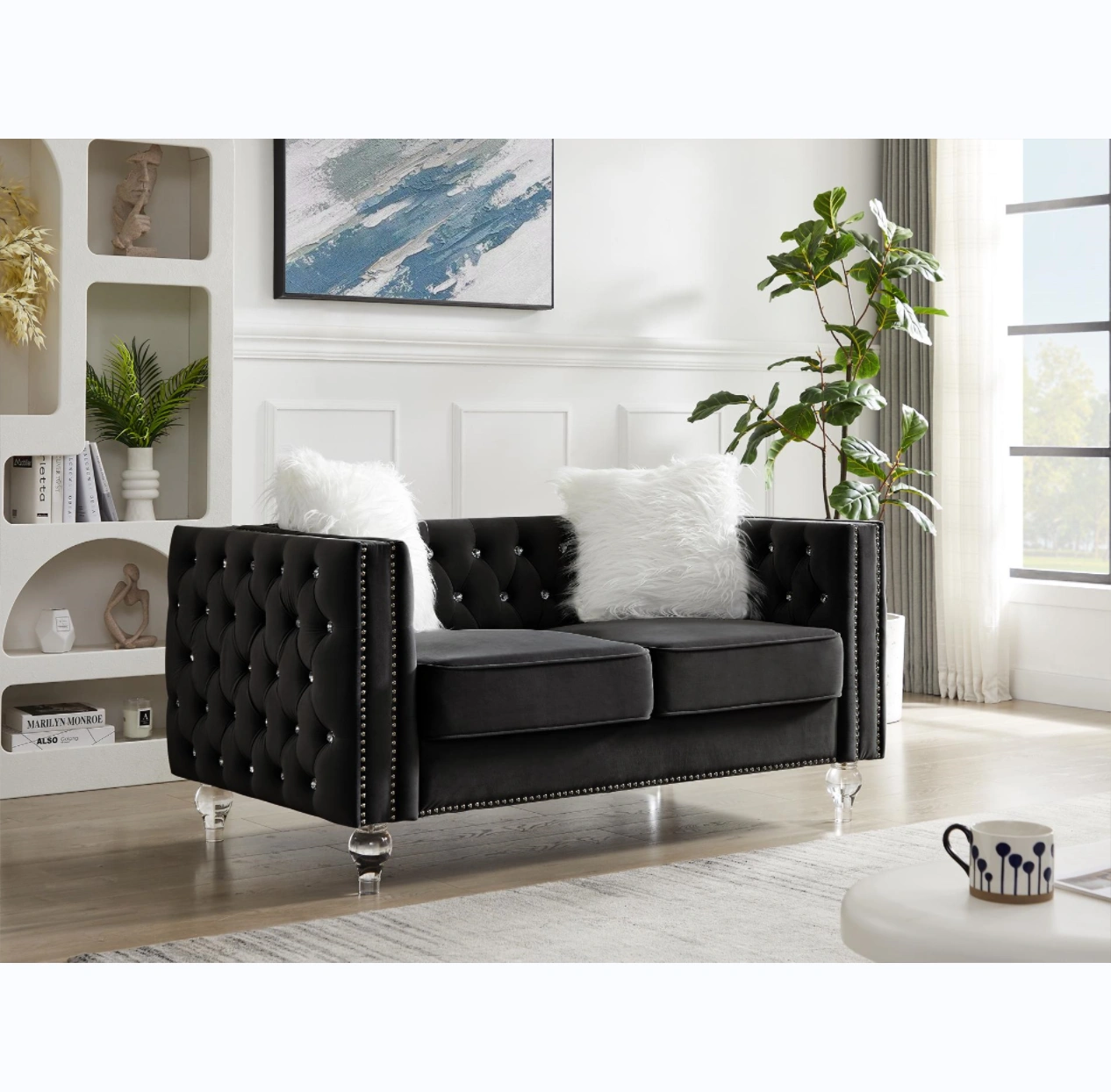 Black 2+3 Seat Sofa Set, Velvet Crystal Buckle Upholstery Couch with Crystal Legs, Removable Cushion & 4 Plush Pillows, Free Storage Stool view 6