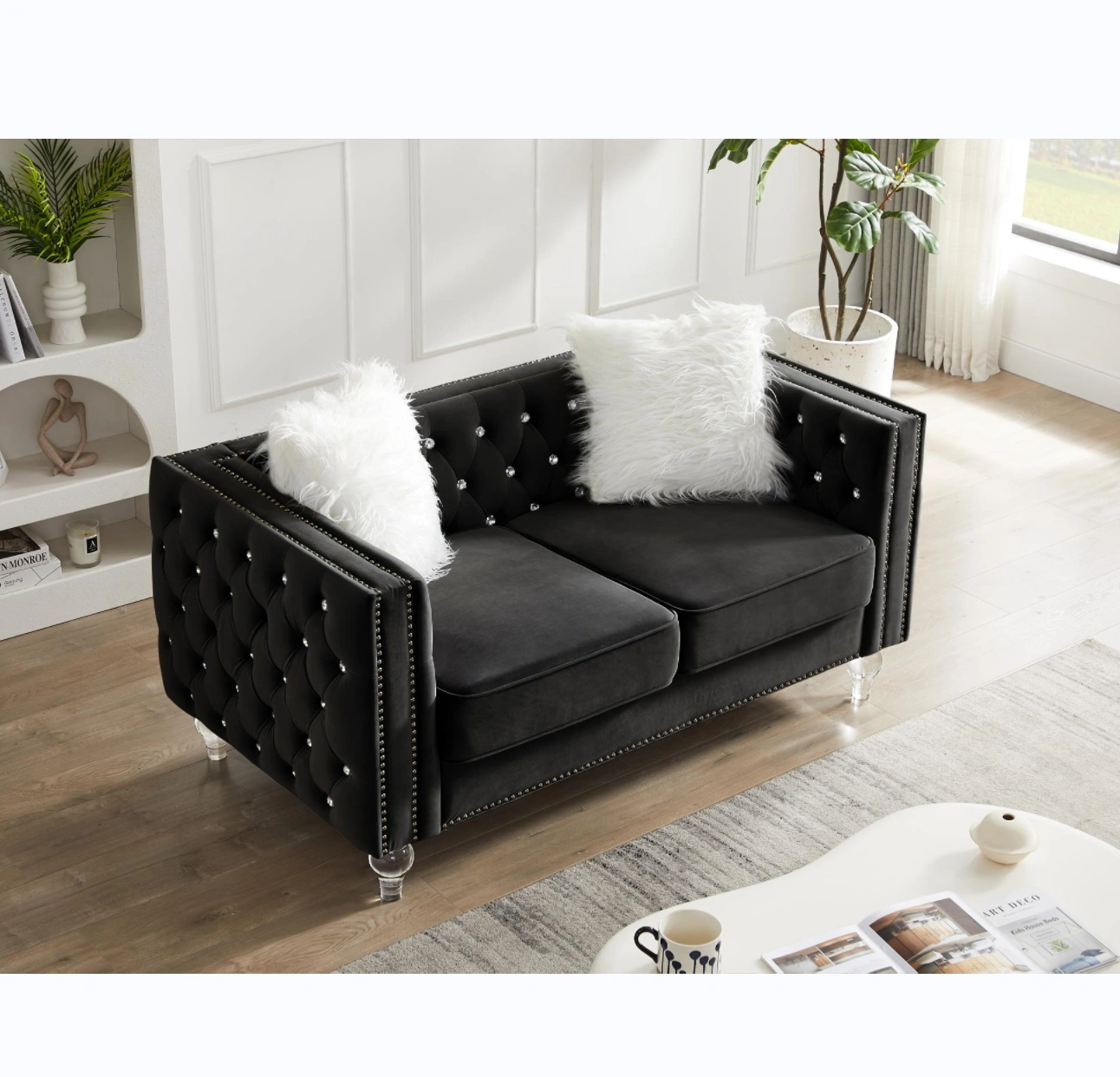 Black 2+3 Seat Sofa Set, Velvet Crystal Buckle Upholstery Couch with Crystal Legs, Removable Cushion & 4 Plush Pillows, Free Storage Stool view 7