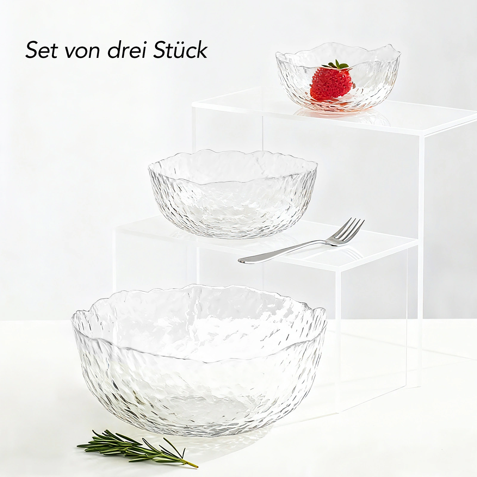 Glass Salad Bowl Set of 3, Ice Glass Look Mixing Bowl with Gold Rim, Versatile Serving Bowl for Salads, Snacks, Fruit & Desserts view 4