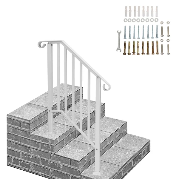Handrails for Outdoor Steps, Iron Handrail Fits 2 Step, Transitional Handrail with Installation Kit, White view 6