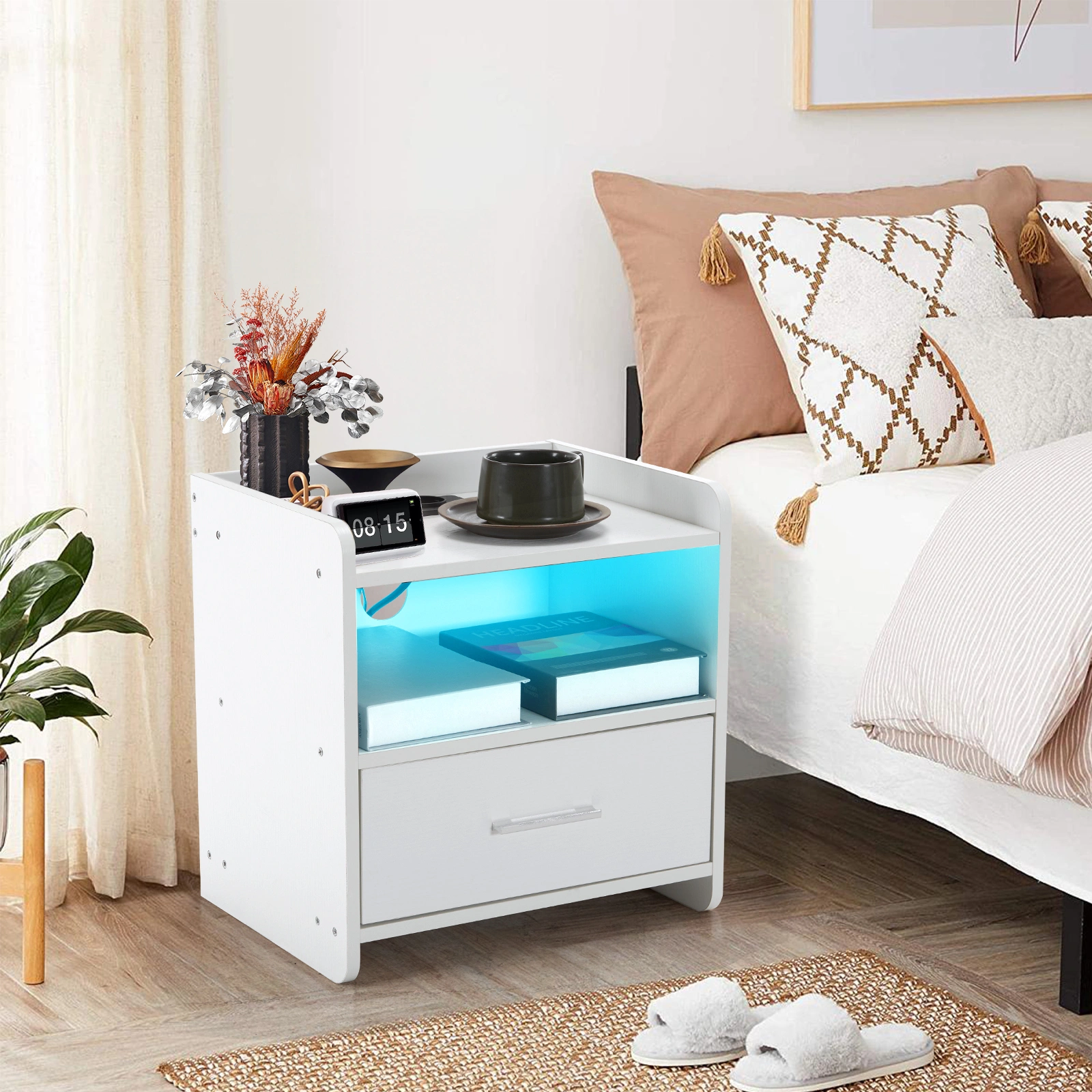 Modern White Bedside Table, 39x29x41cm Particleboard Nightstand with Single Drawer, Built-in Socket & LED Light