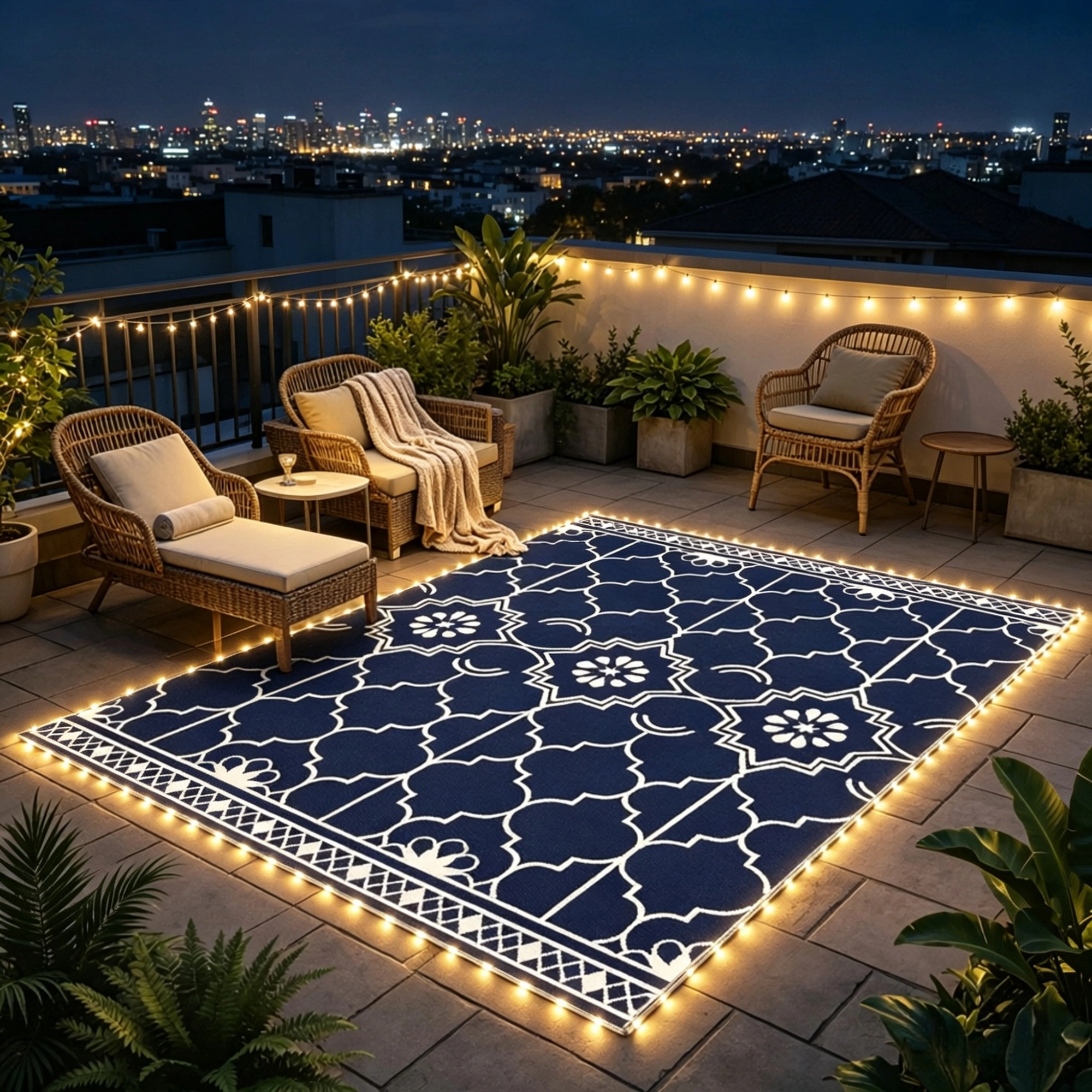 Reversible LED Light Outdoor Rug Carpet 12'x9' PP Straw Material with Carry Bag And Ground Stakes for Garden Patio Decor view 6
