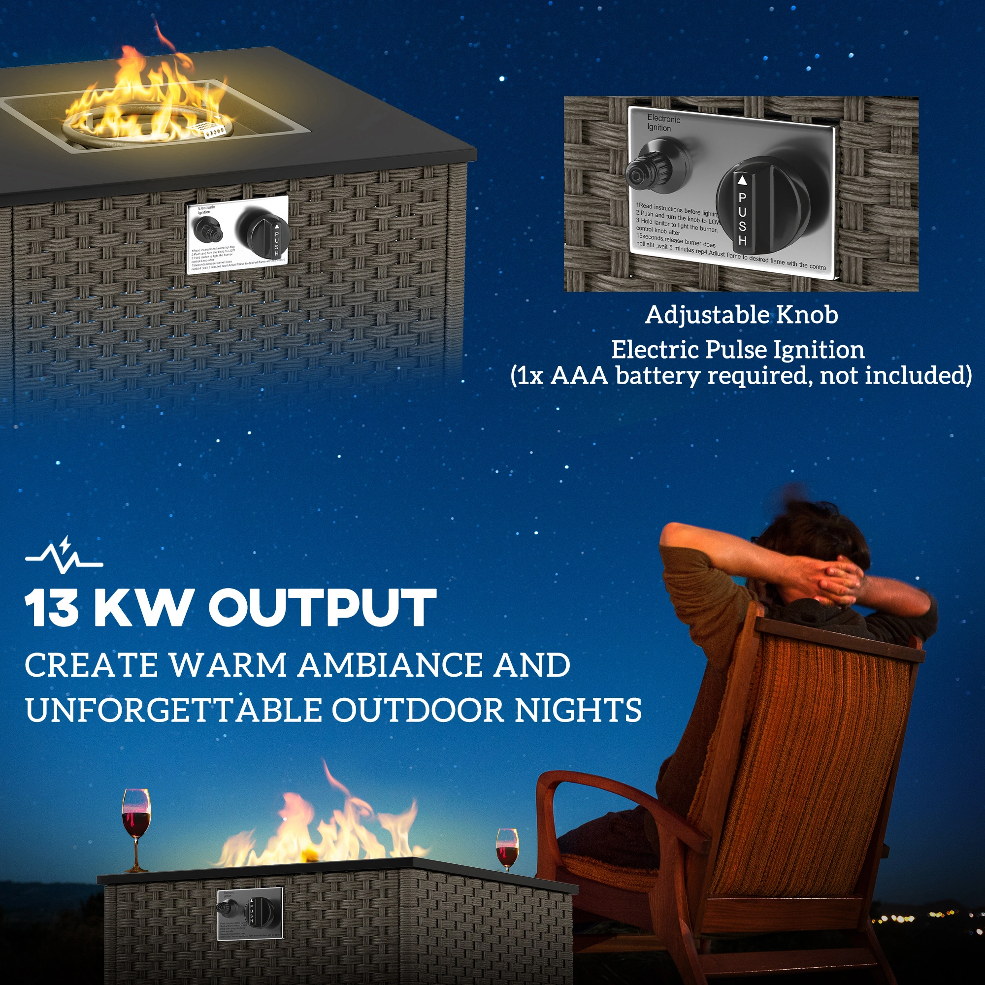 Outdoor Fire Pit Table, 48 Inch Propane Gas Fire Table with Glass Rocks & Cover, Rectangular Fire Table for Patio Garden Backyard view 5