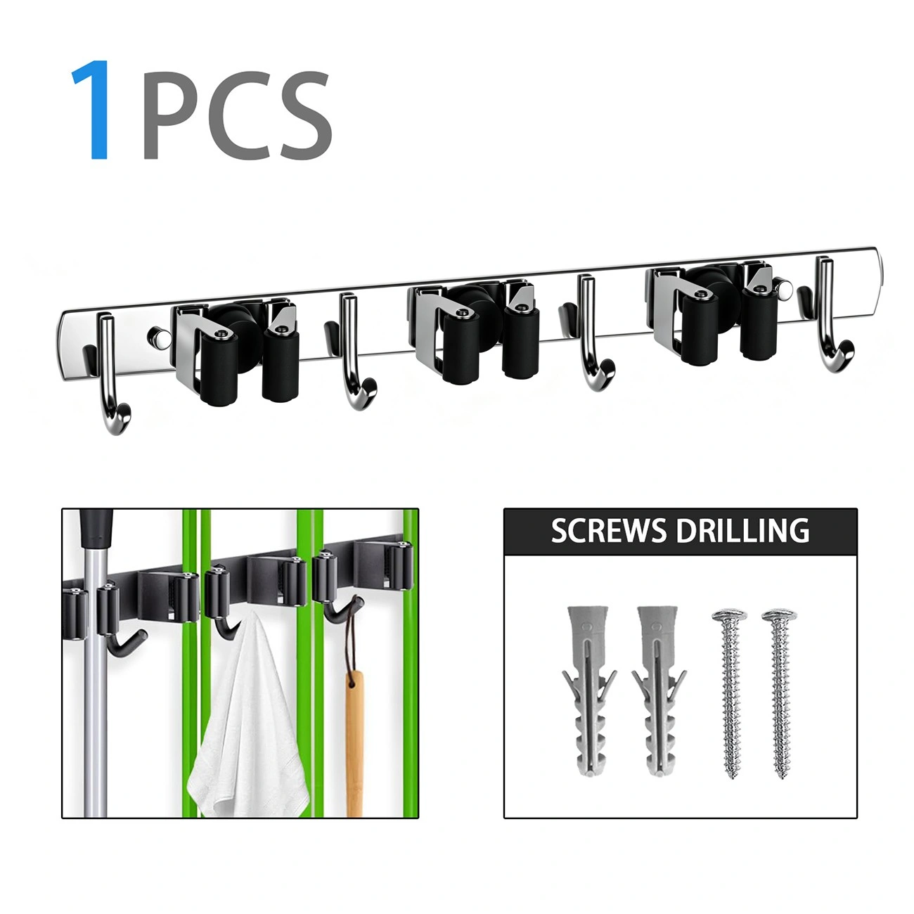 15 Inch Wall Mount Broom Holder Mop Organizer Adjustable Garage Garden Kitchen Storage view 3