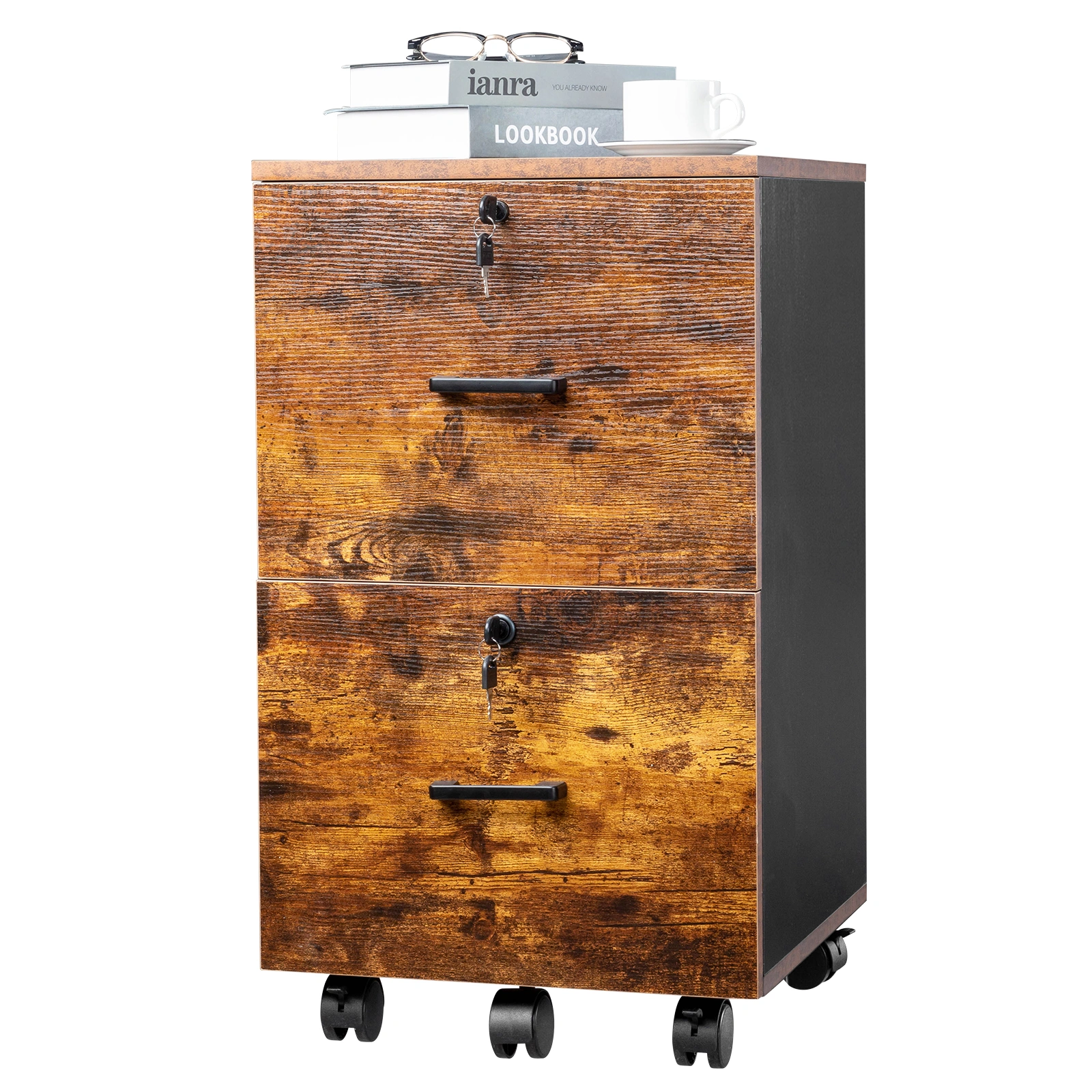 2-Drawer Rolling Wood File Cabinet with Lock, Brown & Black