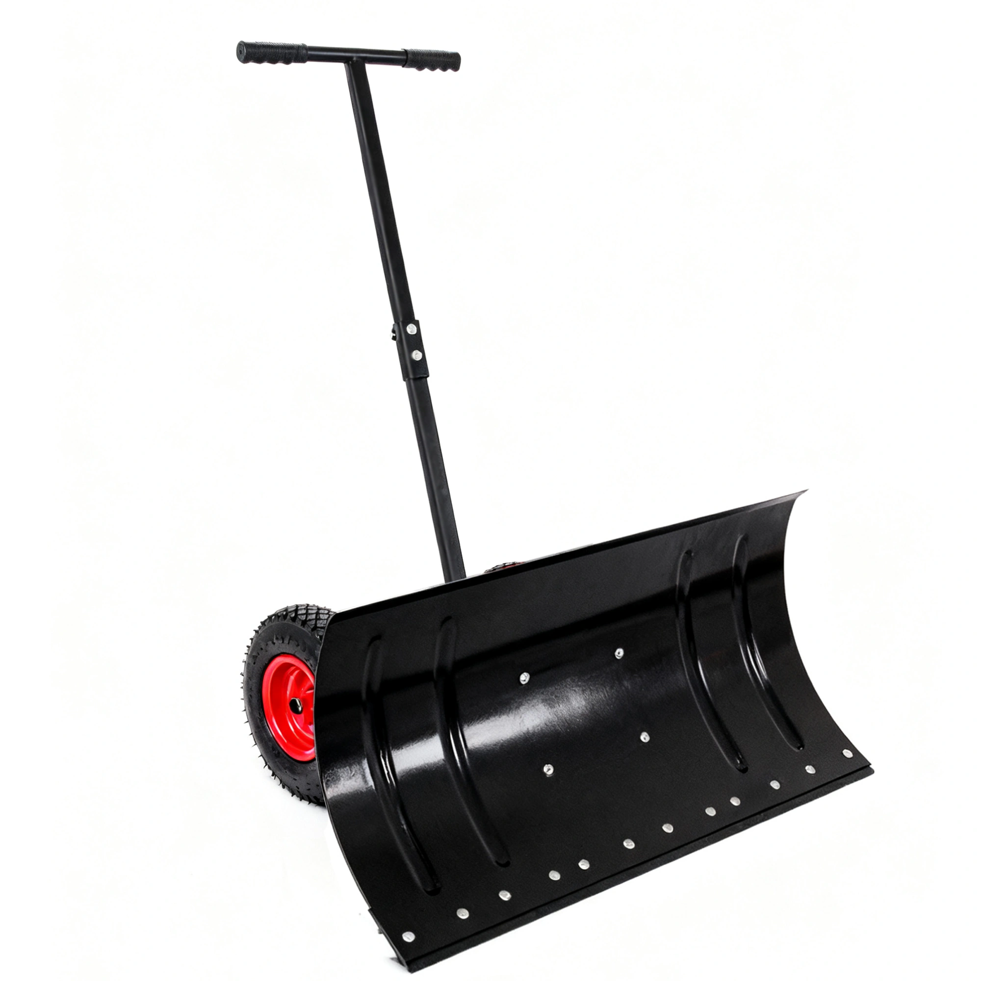 30" Metal Snow Pusher with Wheels, 15" High Snow Blade, Adjustable Angle Height Handle, Ergonomic Design for Driveway Sidewalk Clearing