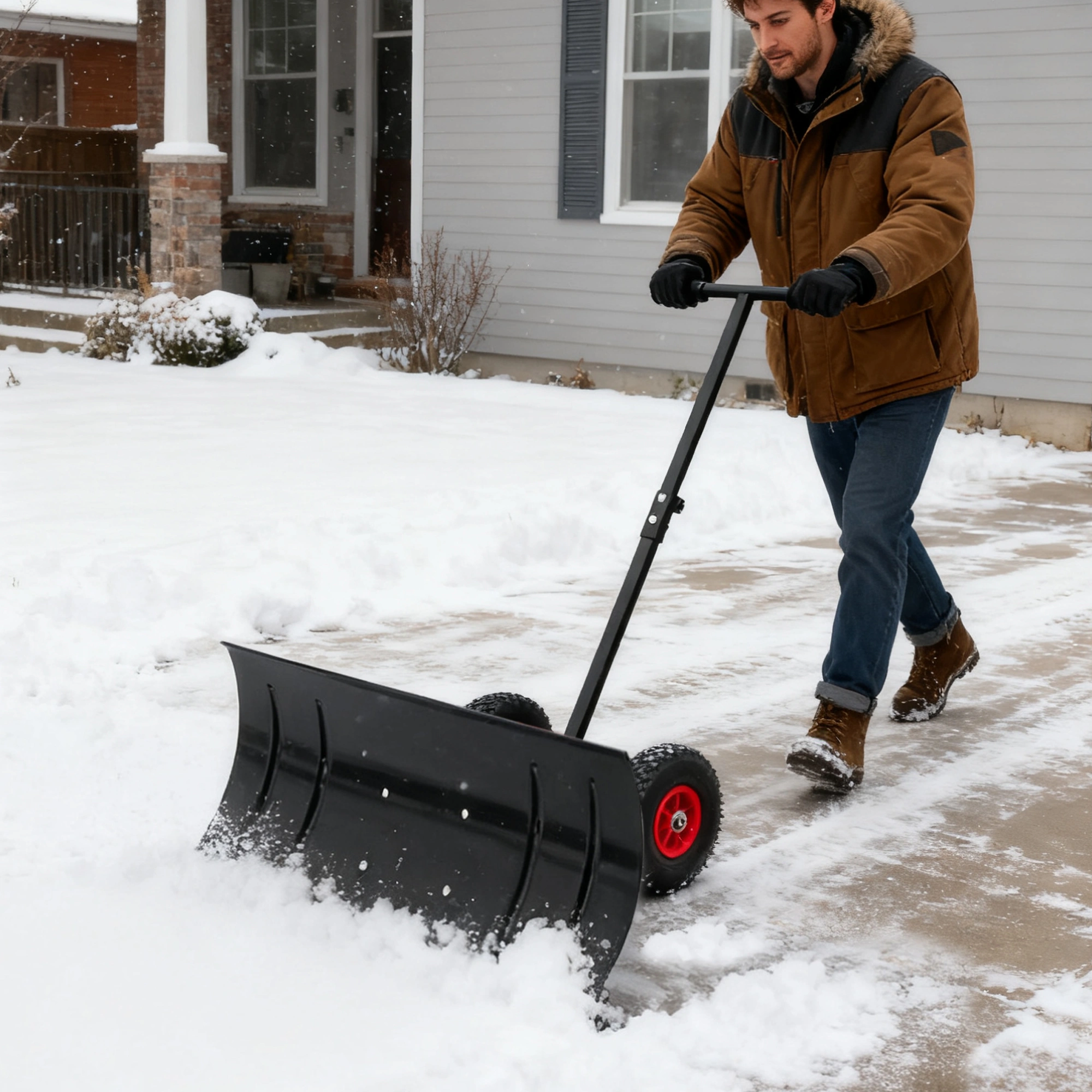 30" Metal Snow Pusher with Wheels, 15" High Snow Blade, Adjustable Angle Height Handle, Ergonomic Design for Driveway Sidewalk Clearing view 10