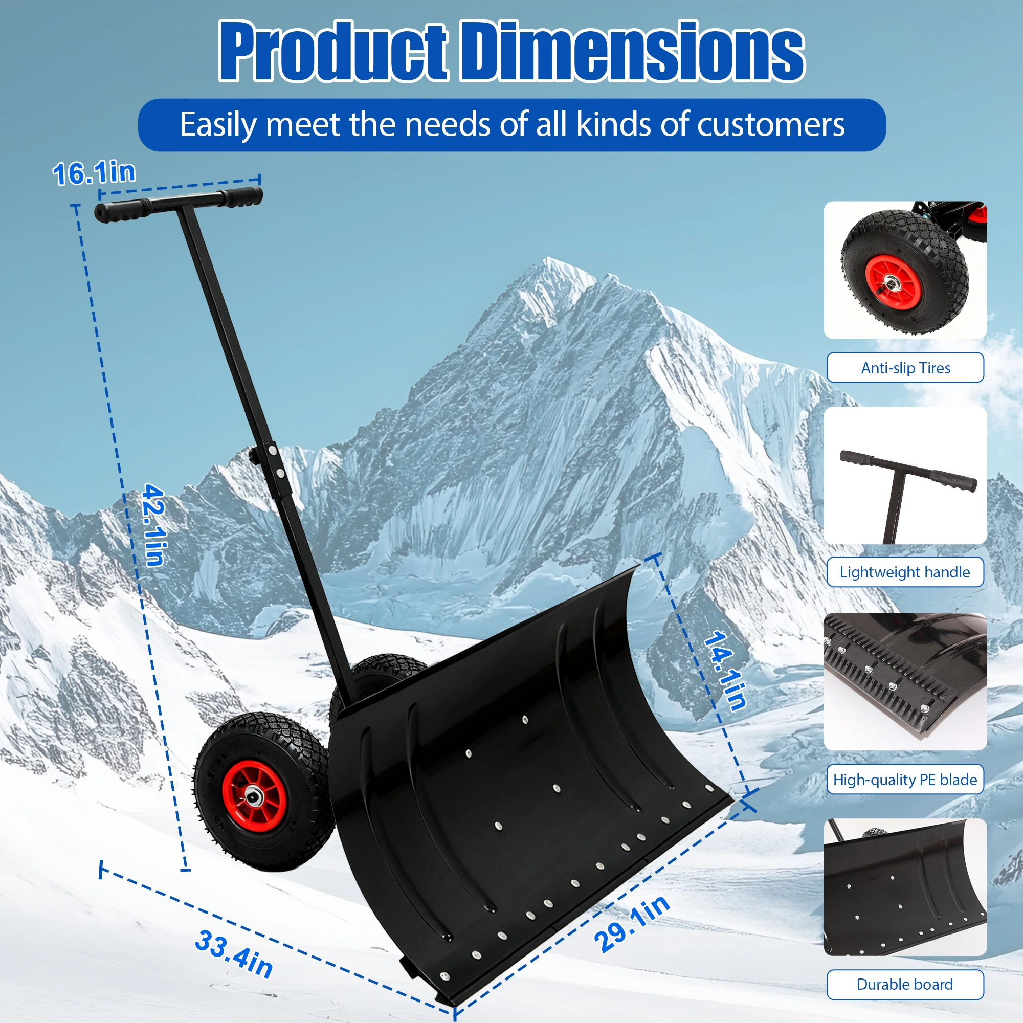 30" Metal Snow Pusher with Wheels, 15" High Snow Blade, Adjustable Angle Height Handle, Ergonomic Design for Driveway Sidewalk Clearing view 2