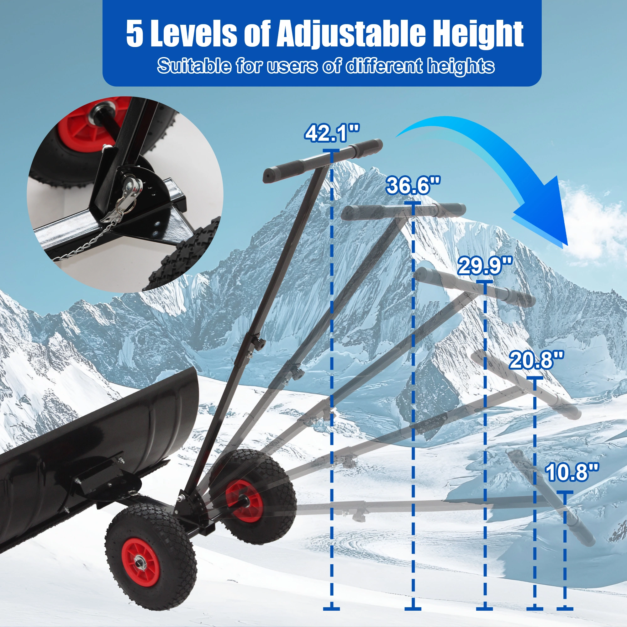 30" Metal Snow Pusher with Wheels, 15" High Snow Blade, Adjustable Angle Height Handle, Ergonomic Design for Driveway Sidewalk Clearing view 3