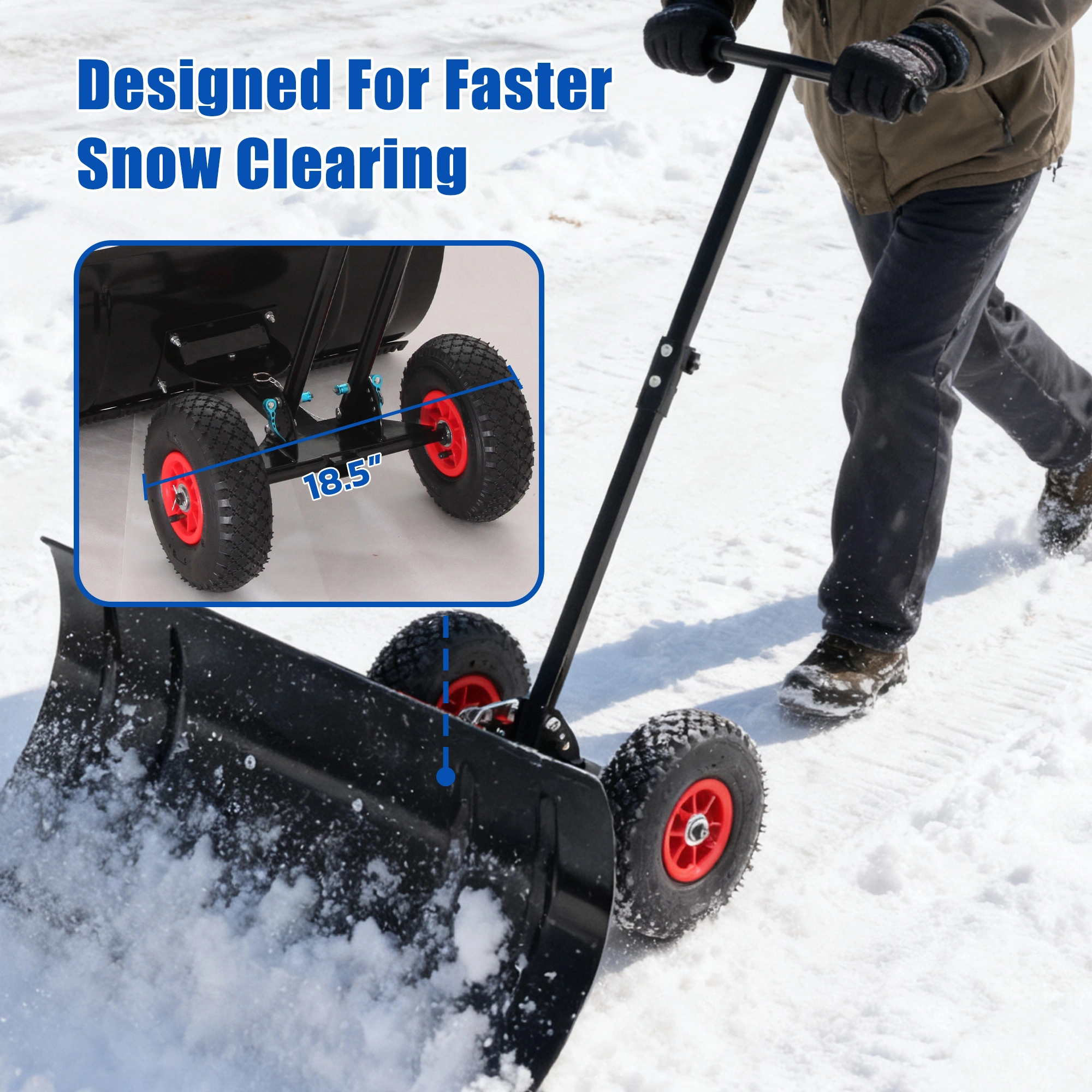 30" Metal Snow Pusher with Wheels, 15" High Snow Blade, Adjustable Angle Height Handle, Ergonomic Design for Driveway Sidewalk Clearing view 7