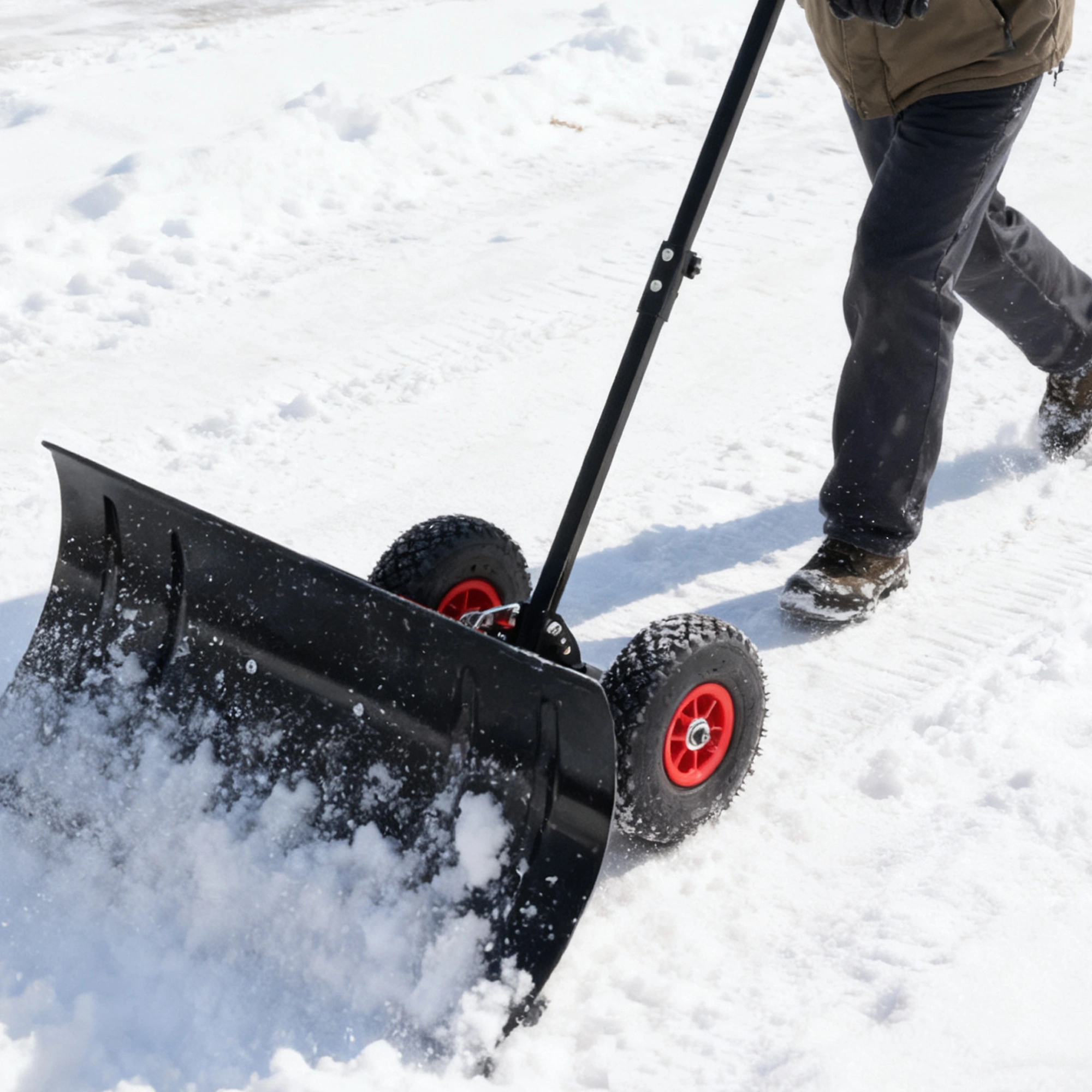 30" Metal Snow Pusher with Wheels, 15" High Snow Blade, Adjustable Angle Height Handle, Ergonomic Design for Driveway Sidewalk Clearing view 9