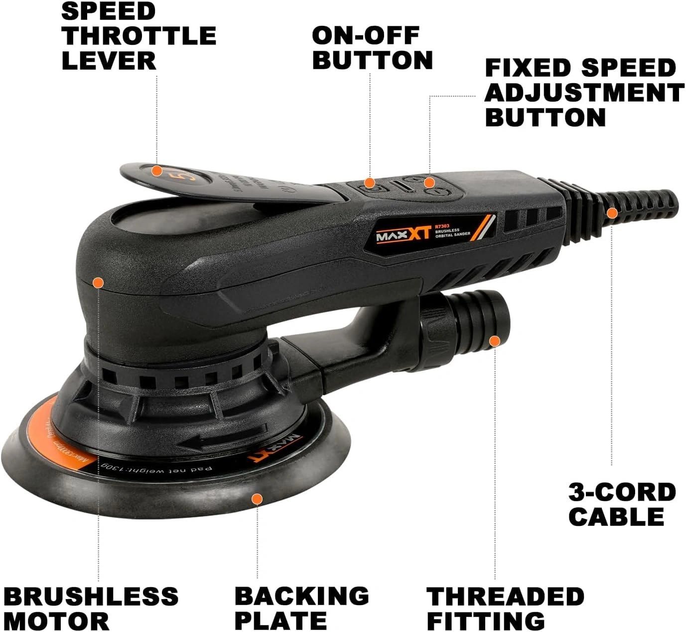 Electric 5mm Random Orbital Sander Brushless 350W 3A Multi-function Variable Speed Electric Corded Orbital Sanders Machine[Unable ship on weekends, TK/TEMU only for pickup, only TX10643 warehouse supports GOFO] view 5