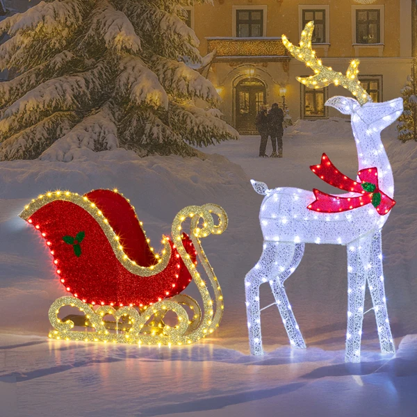 5ft Lighted Christmas Reindeer & Sleigh Outdoor Yard Decoration Set with LED Lights, Red & White view 2