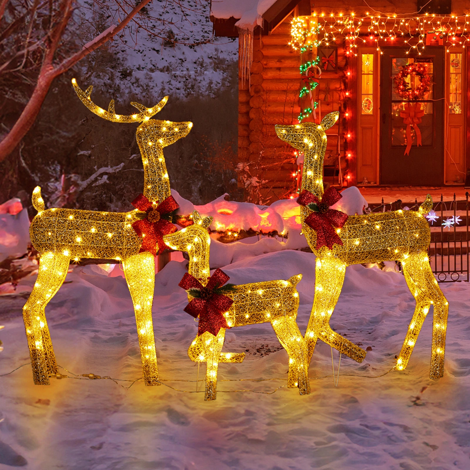 3 Piece Lighted Christmas Reindeer Family Set Weather Proof 2D Deer Outdoor Decor with 200 LED Warm White Lights Stakes Golden