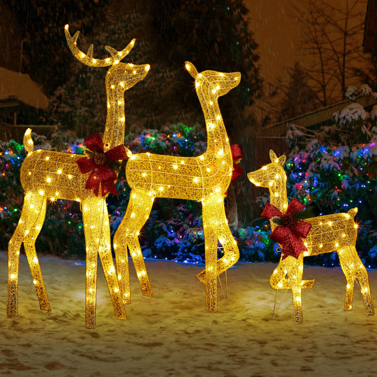 3 Piece Lighted Christmas Reindeer Family Set Weather Proof 2D Deer Outdoor Decor with 200 LED Warm White Lights Stakes Golden view 3