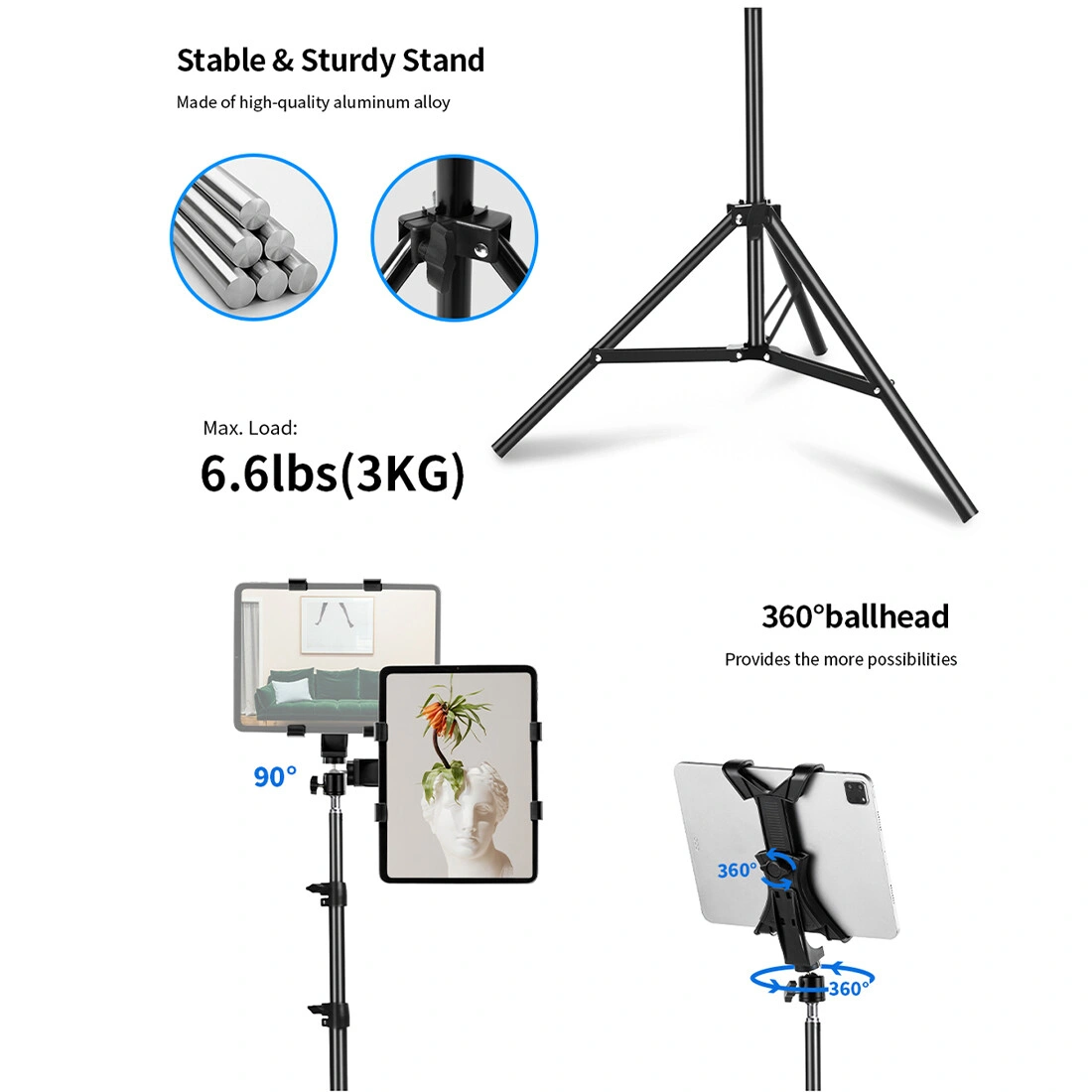 Adjustable 79" 2m Tablet Floor Stand Tripod Phone Holder Mount 4-10.6" iPhone iPad UK view 5