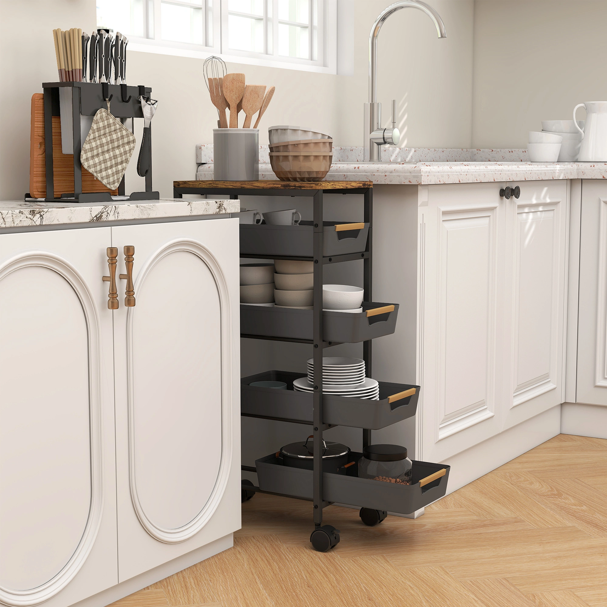 Multipurpose Storage Trolley Cart | 3-Tier Metal Shelving Unit, Rolling Kitchen Organizer, Black, 24 Inches view 3