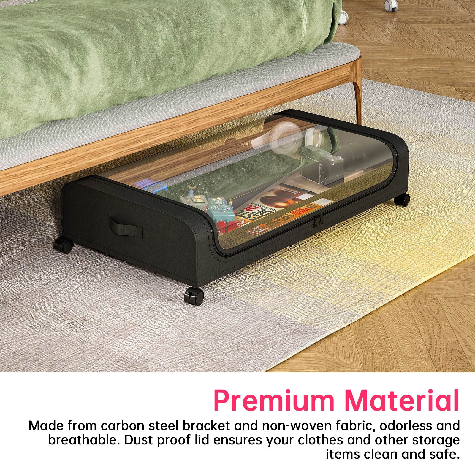 2 Pack Under Bed Storage Bins with Lids & Wheels, Clear Dust-Proof Drawers with Handles for Bedroom Dorm Closet Organization view 2