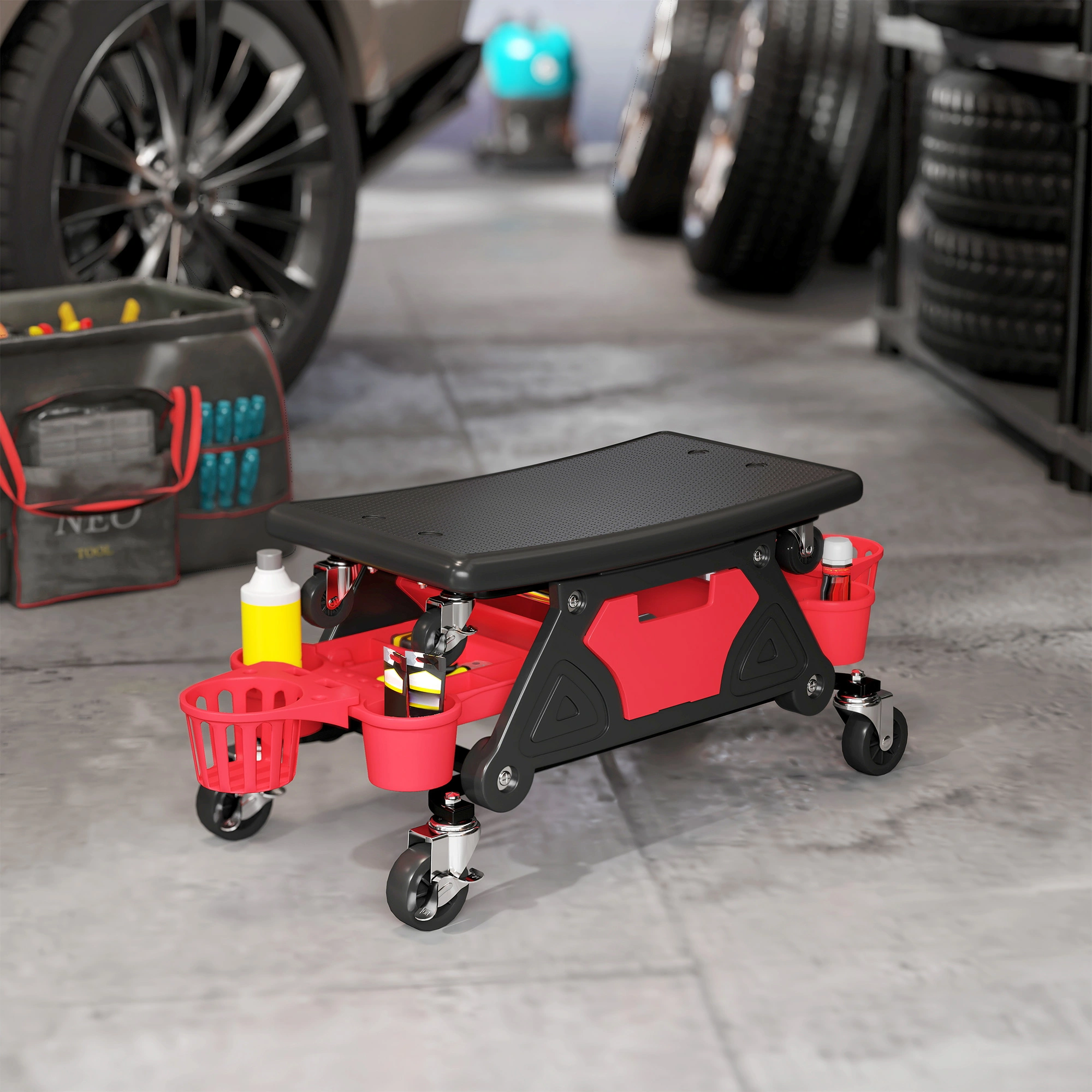 Mechanic Stool, Height Adjustable Swivel Rolling Seat with Backrest, Hydraulic Pneumatic Workshop Chair