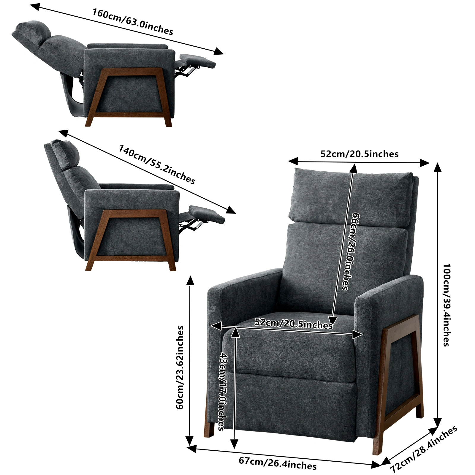 Black Recliner Armchair with Adjustable Leg Rest Snow Wool Upholstered Padded Single Reclining Chair for Living Room Bedroom Home Theater view 3