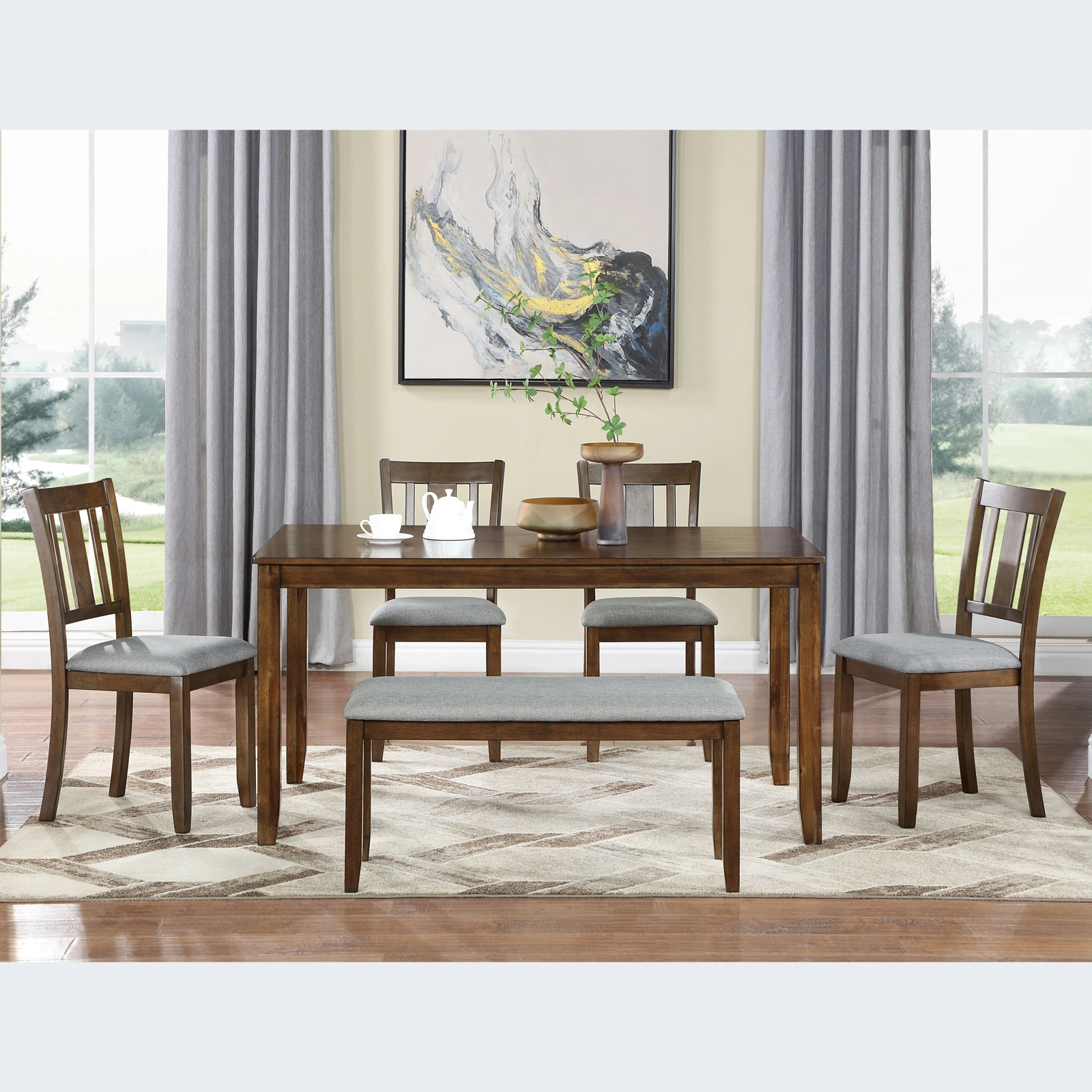 6 Piece Dining Table Set with 4 Upholstered Chairs & Bench, Rectangular Walnut Wood Dining Set for 6, Kitchen Table with Seating for Living Room view 2