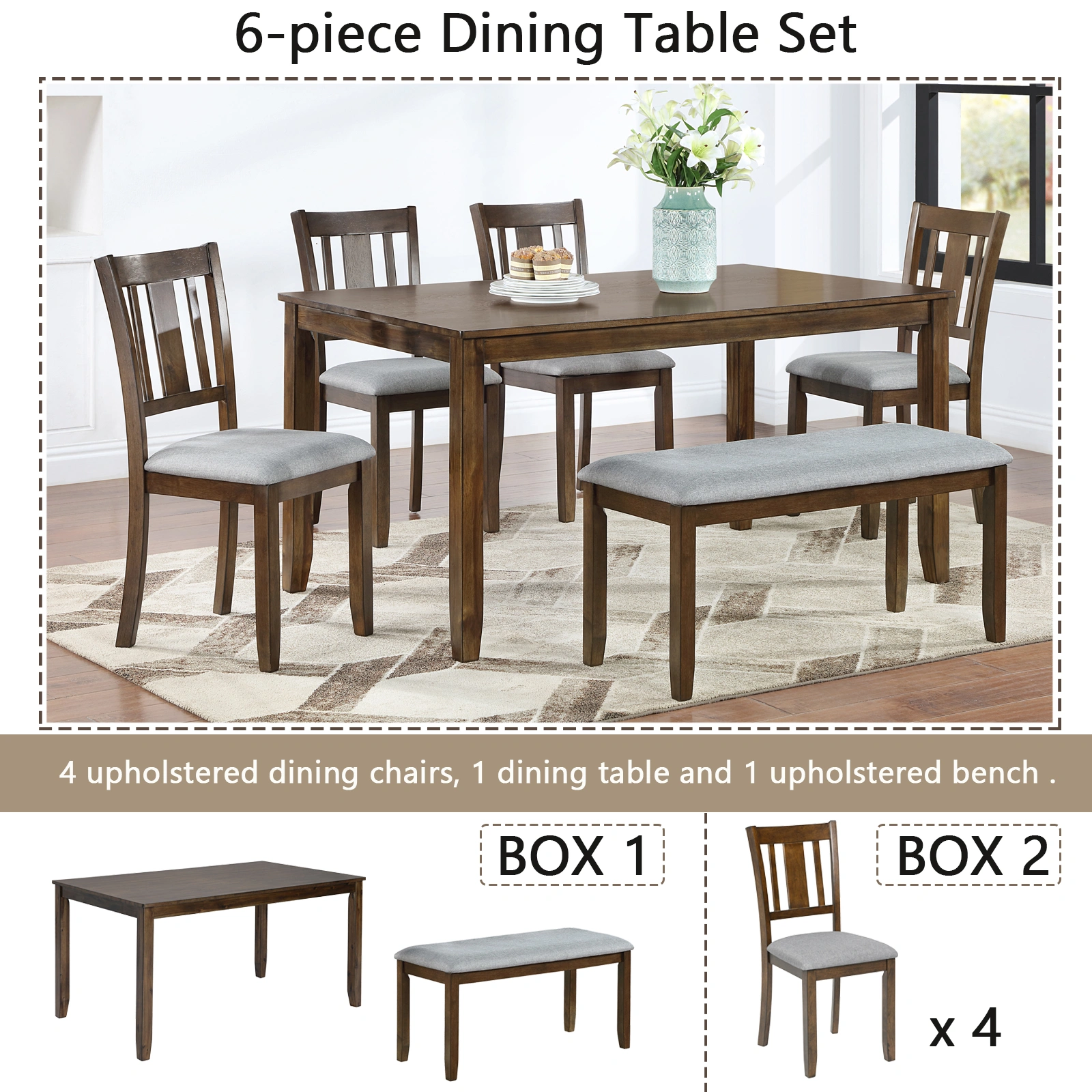 6 Piece Dining Table Set with 4 Upholstered Chairs & Bench, Rectangular Walnut Wood Dining Set for 6, Kitchen Table with Seating for Living Room view 3