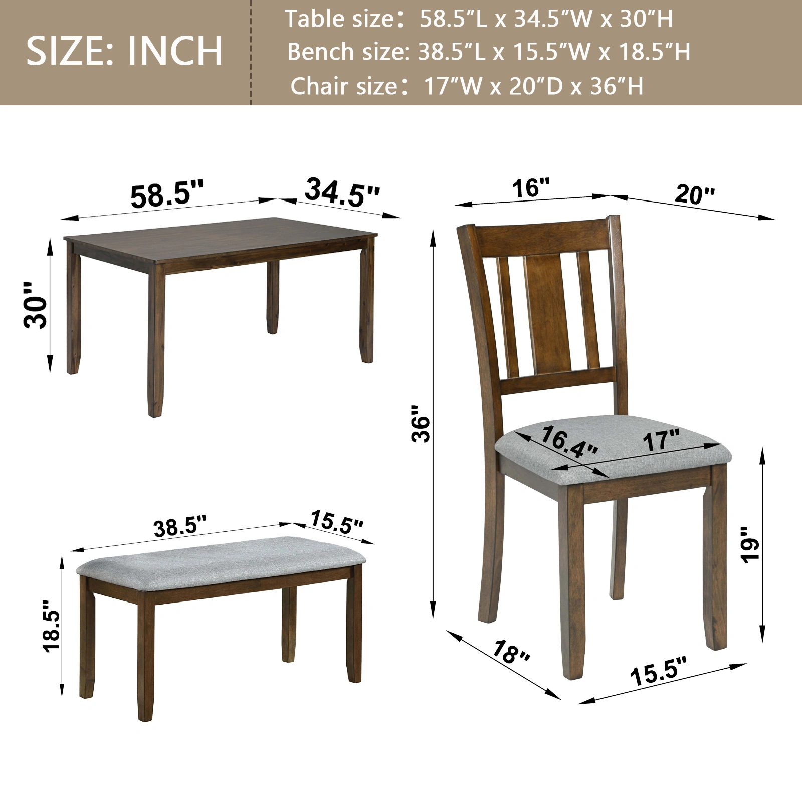 6 Piece Dining Table Set with 4 Upholstered Chairs & Bench, Rectangular Walnut Wood Dining Set for 6, Kitchen Table with Seating for Living Room view 8