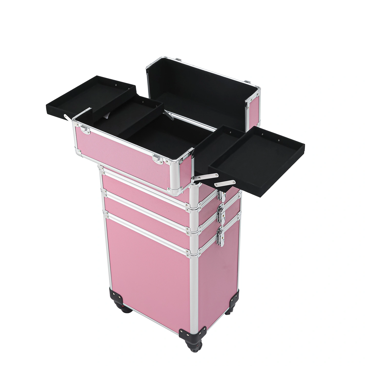 4-in-1 Interchangeable Aluminum Rolling Makeup Case with Draw-Bar Design, Pink view 3