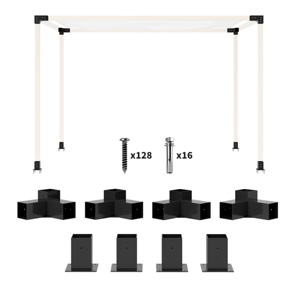 Heavy-Duty Pergola Bracket 3-Way Corner Post Base Kit - Black Metal Gazebo Frame Connector for 3.6 Inch Posts - 4 Pack - Outdoor Patio, Treethouse, Canopy Support view 2