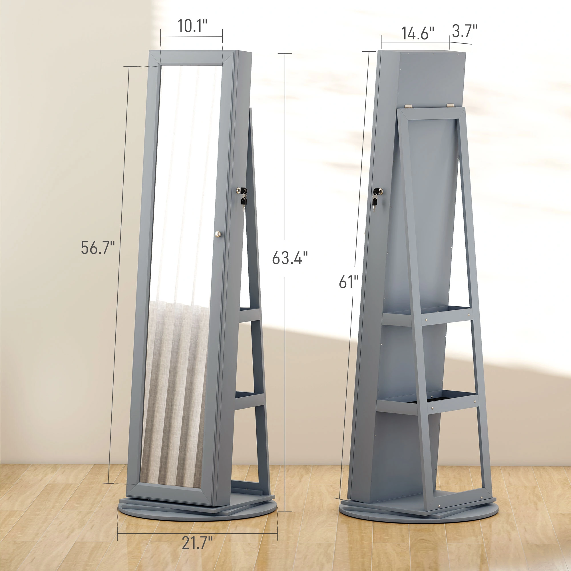 Floor Standing Jewelry Cabinet with LED Lights, Tall Armoire Storage Organizer with Mirror, Glass Doors & Velvet Interior for Necklaces, Rings, Watches view 2