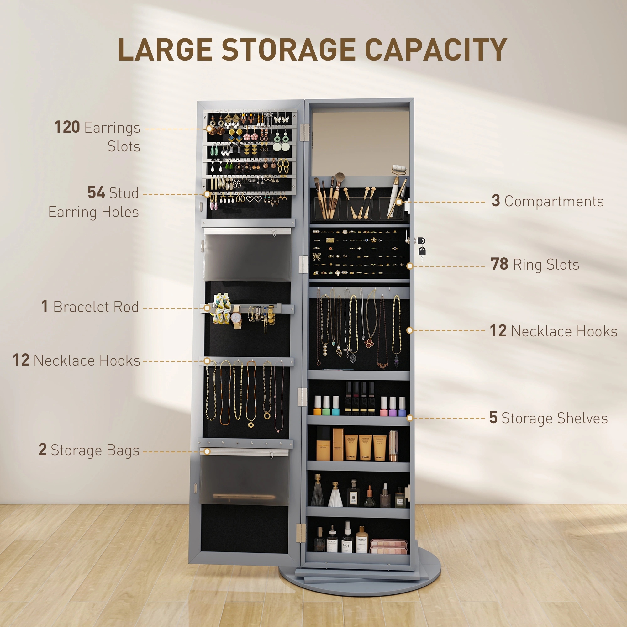 Floor Standing Jewelry Cabinet with LED Lights, Tall Armoire Storage Organizer with Mirror, Glass Doors & Velvet Interior for Necklaces, Rings, Watches view 5