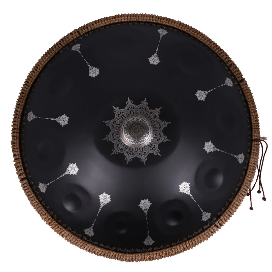 10 Notes Handpan Drum with Mandala Pattern, Black Steel Percussion Instrument for Home Decor and Music