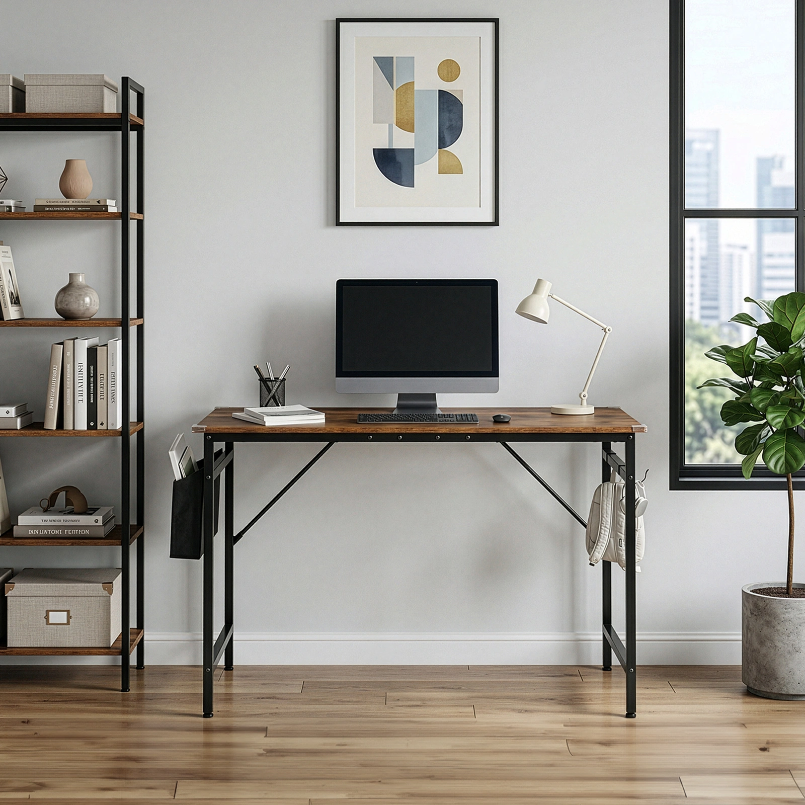 Rotten wood color SG016FD P2 particleboard + iron pipe 120cm cut-off computer desk with non-woven fabric storage view 2
