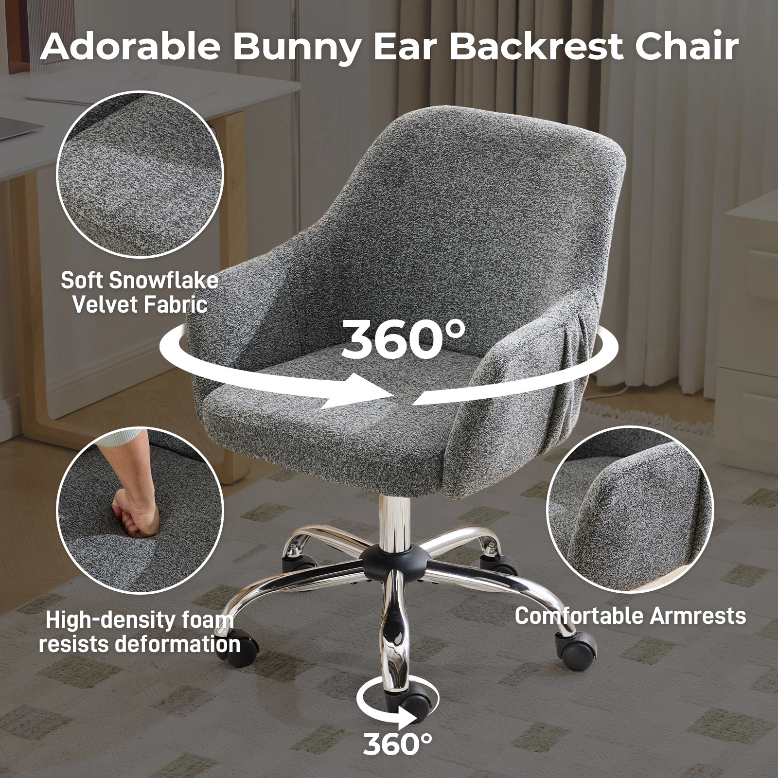 4" Vanity Desk Chair with Armrests Snowflake Velvet Upholstered Office Chair 31"-35" Height Adjustable 360° Swivel Rolling Chair for Bedroom Study Living Room Gray view 2