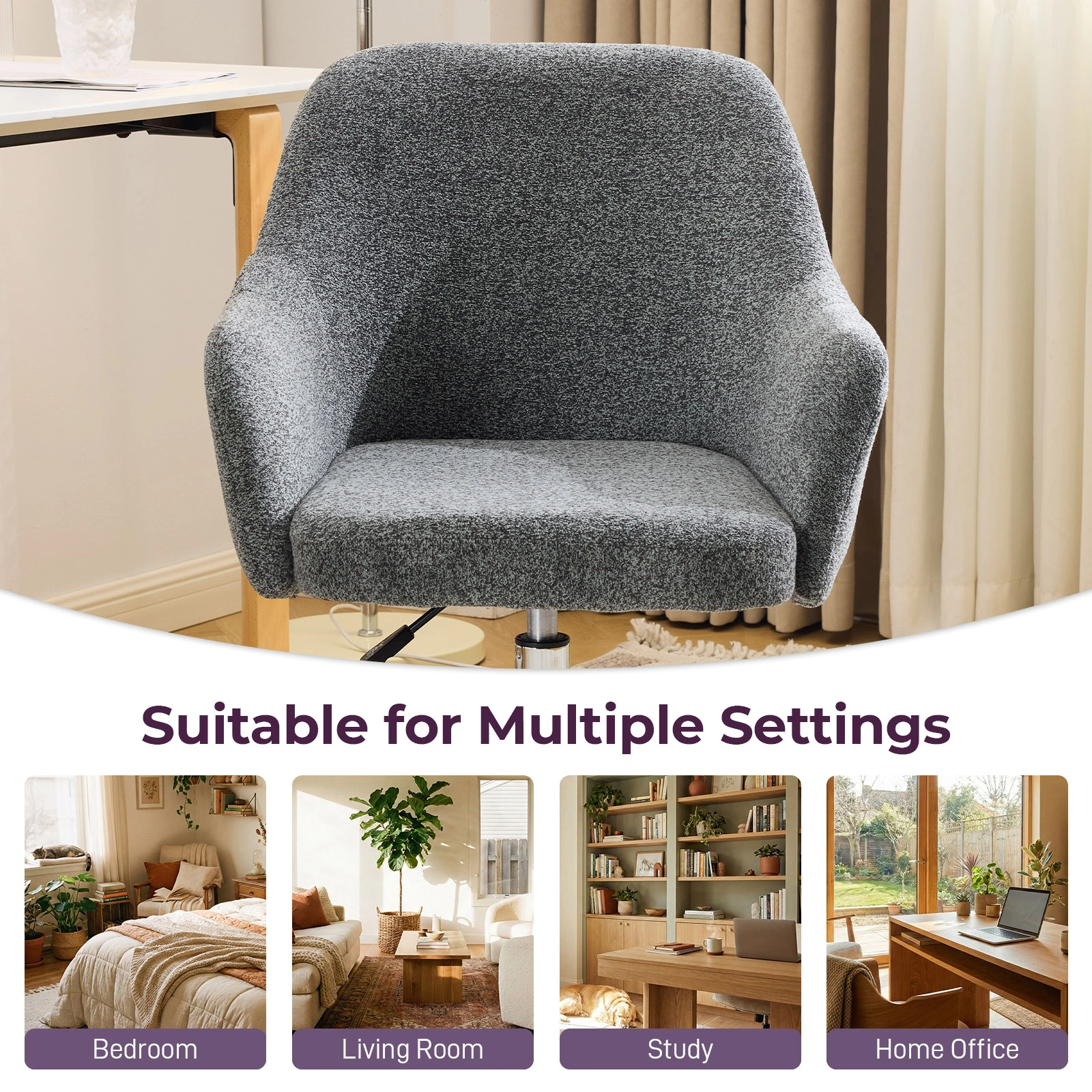 4" Vanity Desk Chair with Armrests Snowflake Velvet Upholstered Office Chair 31"-35" Height Adjustable 360° Swivel Rolling Chair for Bedroom Study Living Room Gray view 3