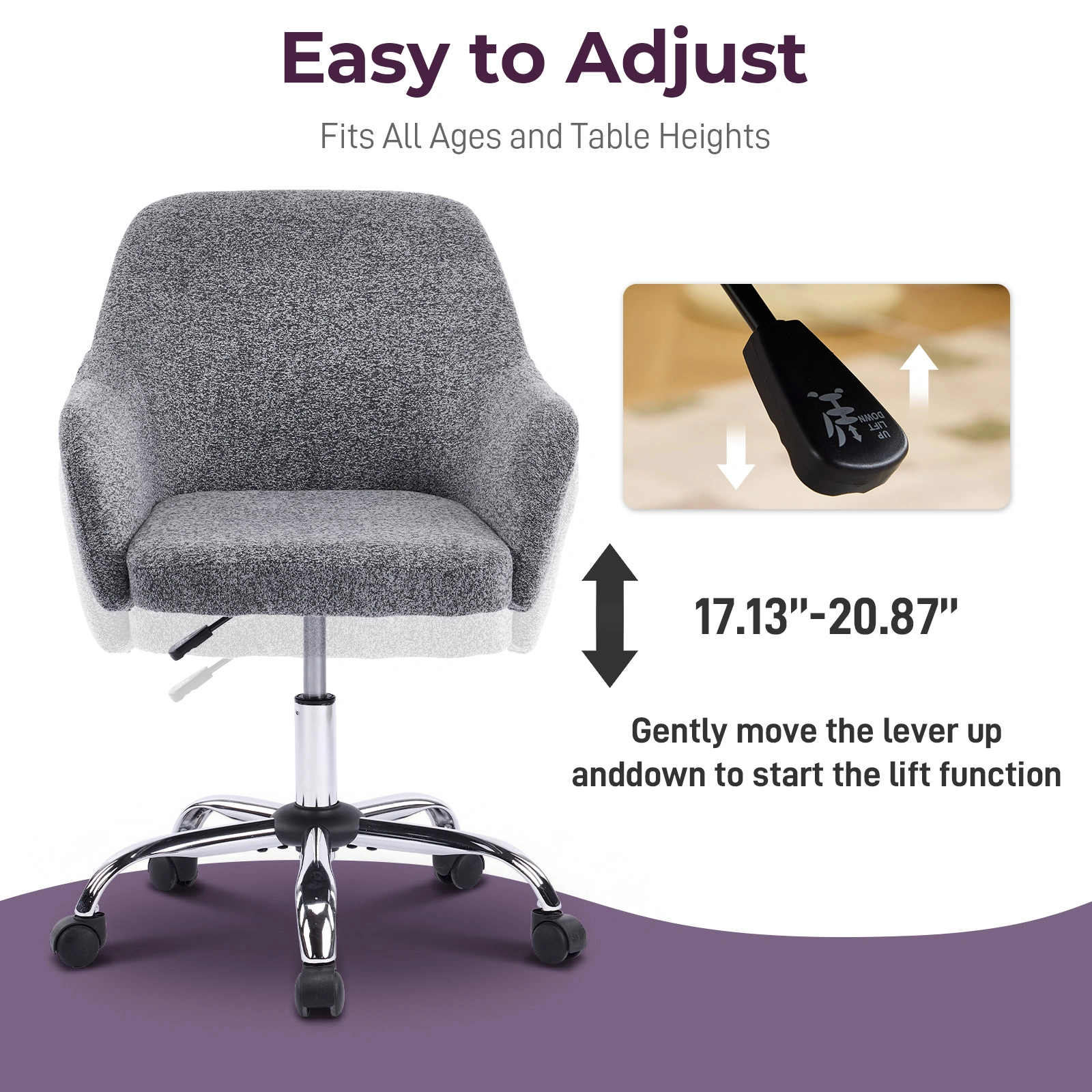 4" Vanity Desk Chair with Armrests Snowflake Velvet Upholstered Office Chair 31"-35" Height Adjustable 360° Swivel Rolling Chair for Bedroom Study Living Room Gray view 4