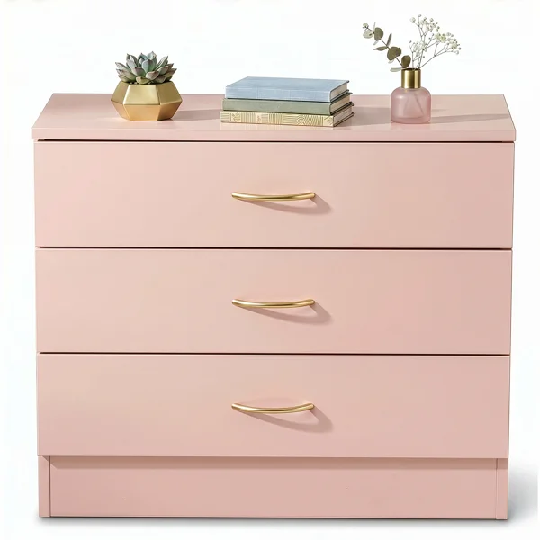 3-Drawer Chest with Faux Rose Gold Handles Drawer Dresser 25.98*12.99*22.05in Pink view 2