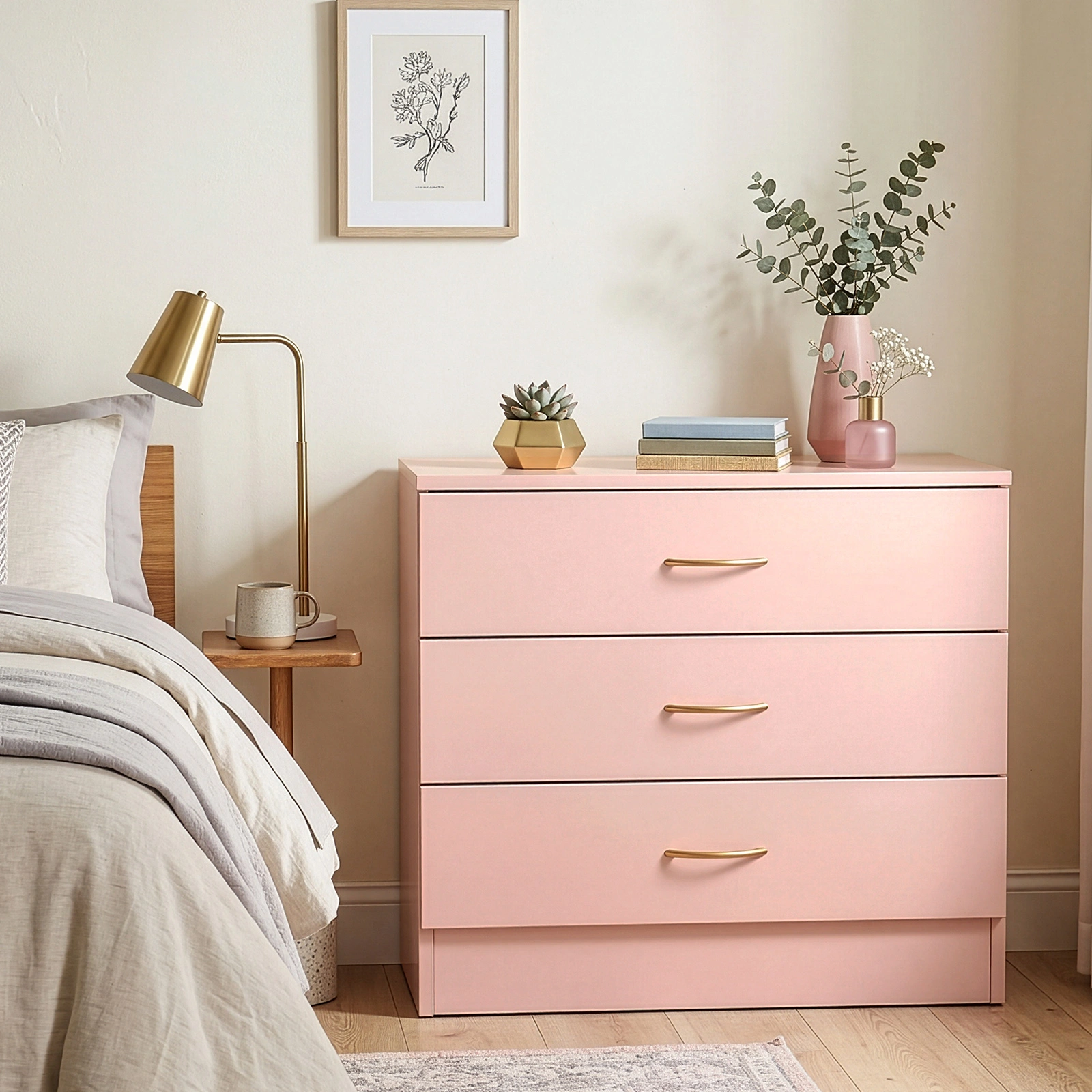 3-Drawer Dresser Chest 25.98 x 12.99 x 22.05 Inch Pink with Faux Rose Gold Handles view 12