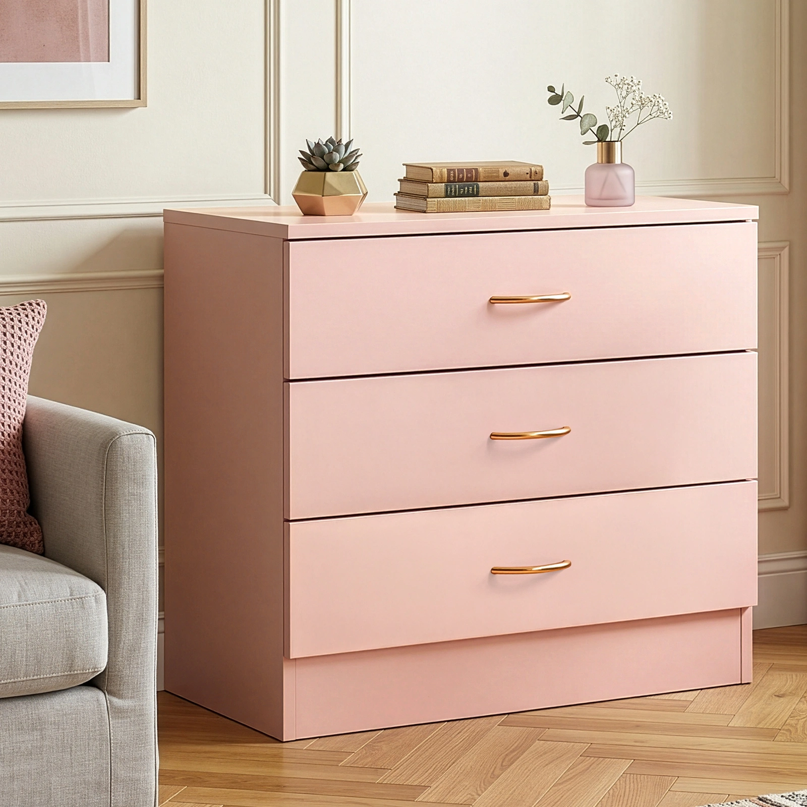 3-Drawer Dresser Chest 25.98 x 12.99 x 22.05 Inch Pink with Faux Rose Gold Handles view 13