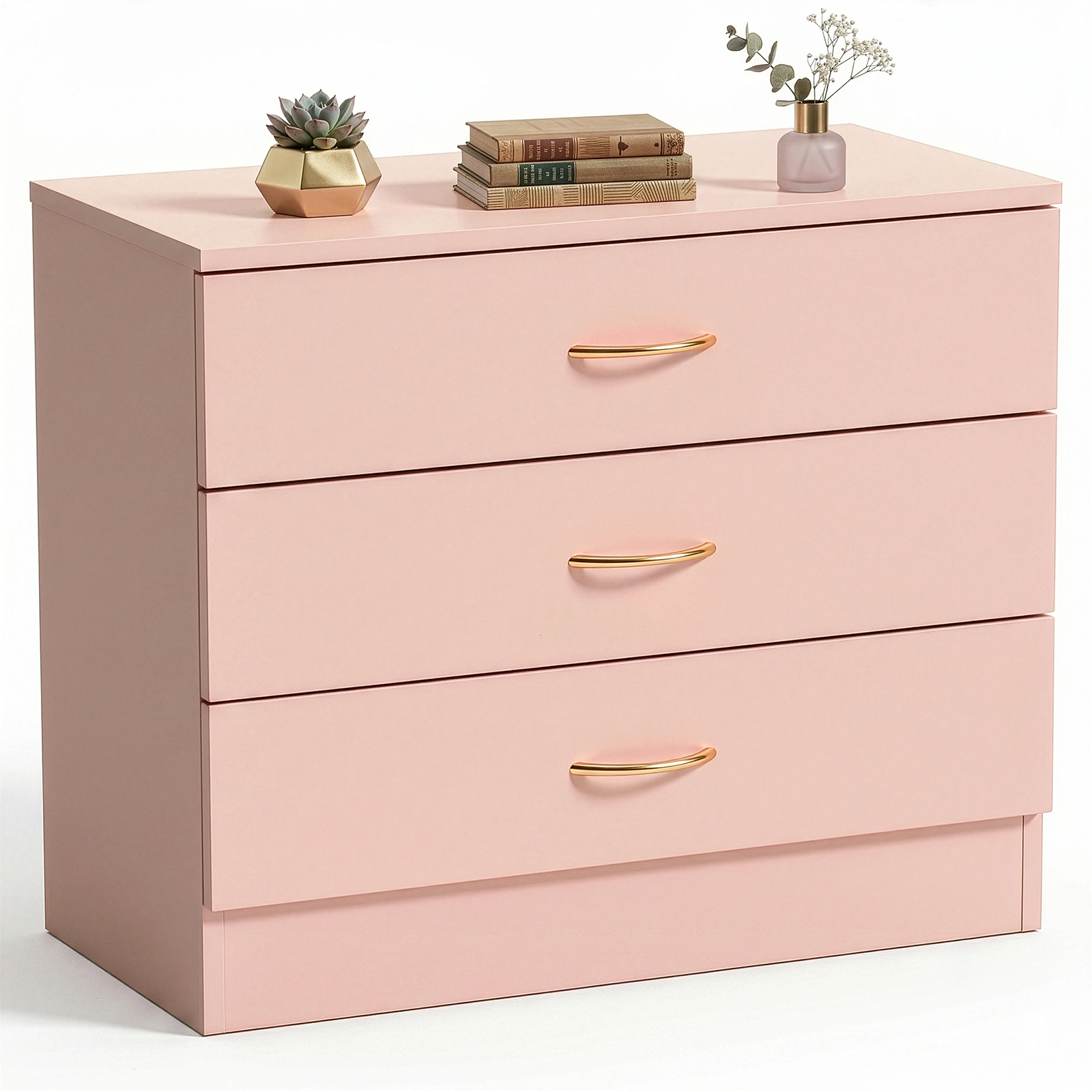 3-Drawer Dresser Chest 25.98 x 12.99 x 22.05 Inch Pink with Faux Rose Gold Handles view 3