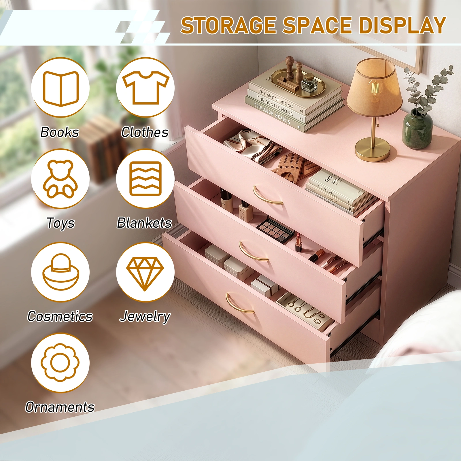 3-Drawer Dresser Chest 25.98 x 12.99 x 22.05 Inch Pink with Faux Rose Gold Handles view 6